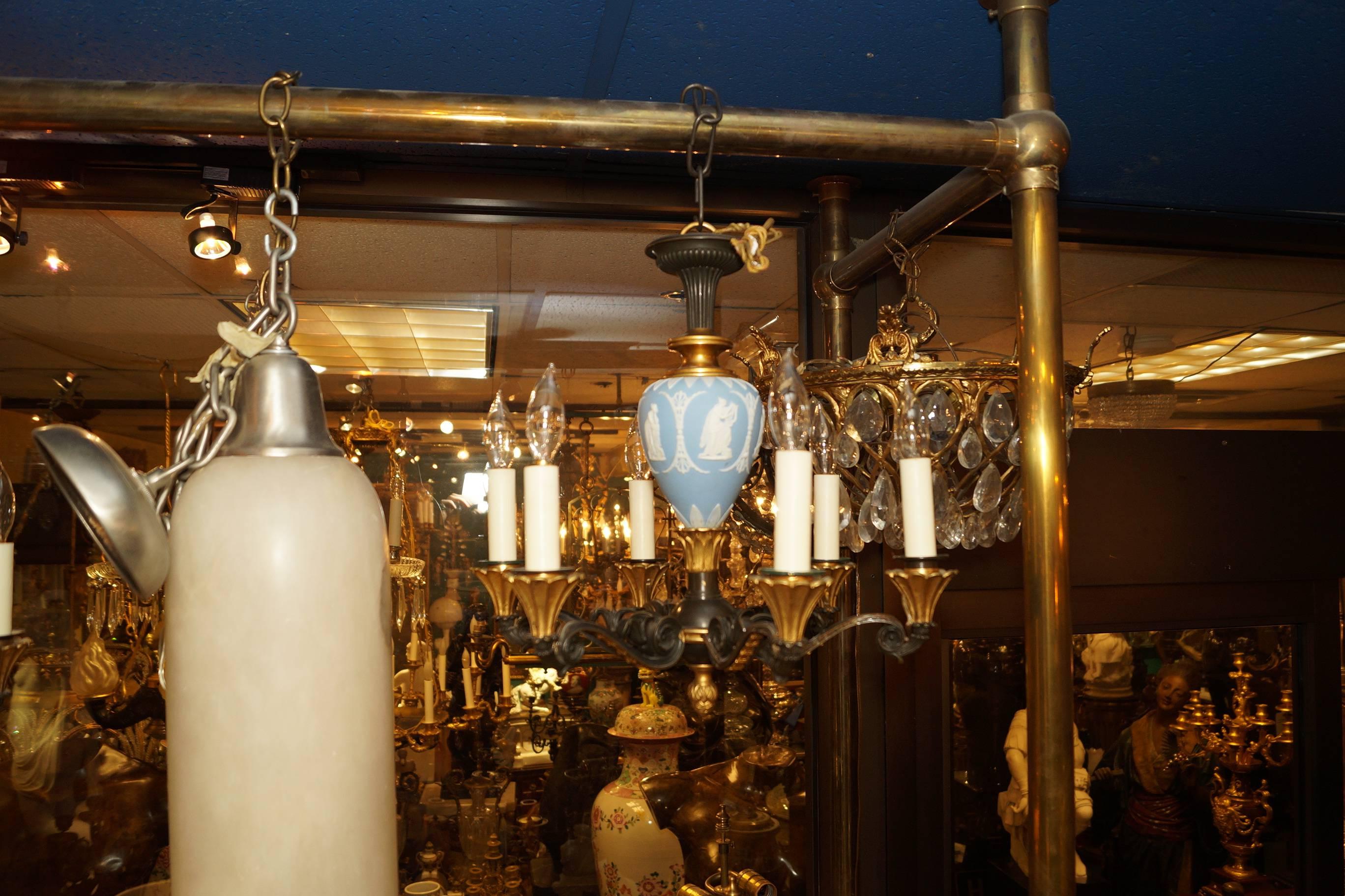 Neoclassical Pair of Blue Wedgwood and Bronze Six-Arm Chandeliers In Good Condition In New York, NY