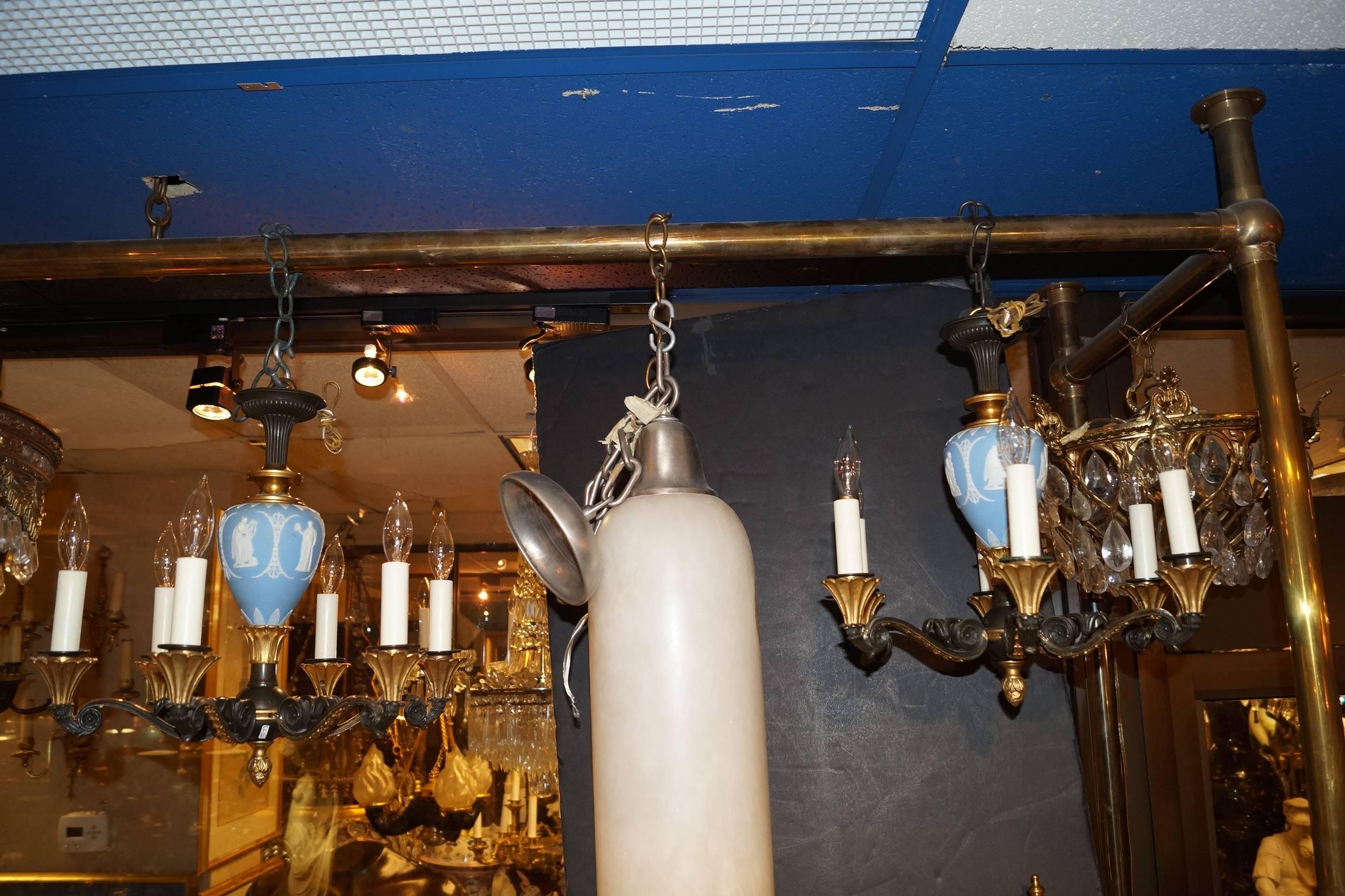 19th Century Neoclassical Pair of Blue Wedgwood and Bronze Six-Arm Chandeliers