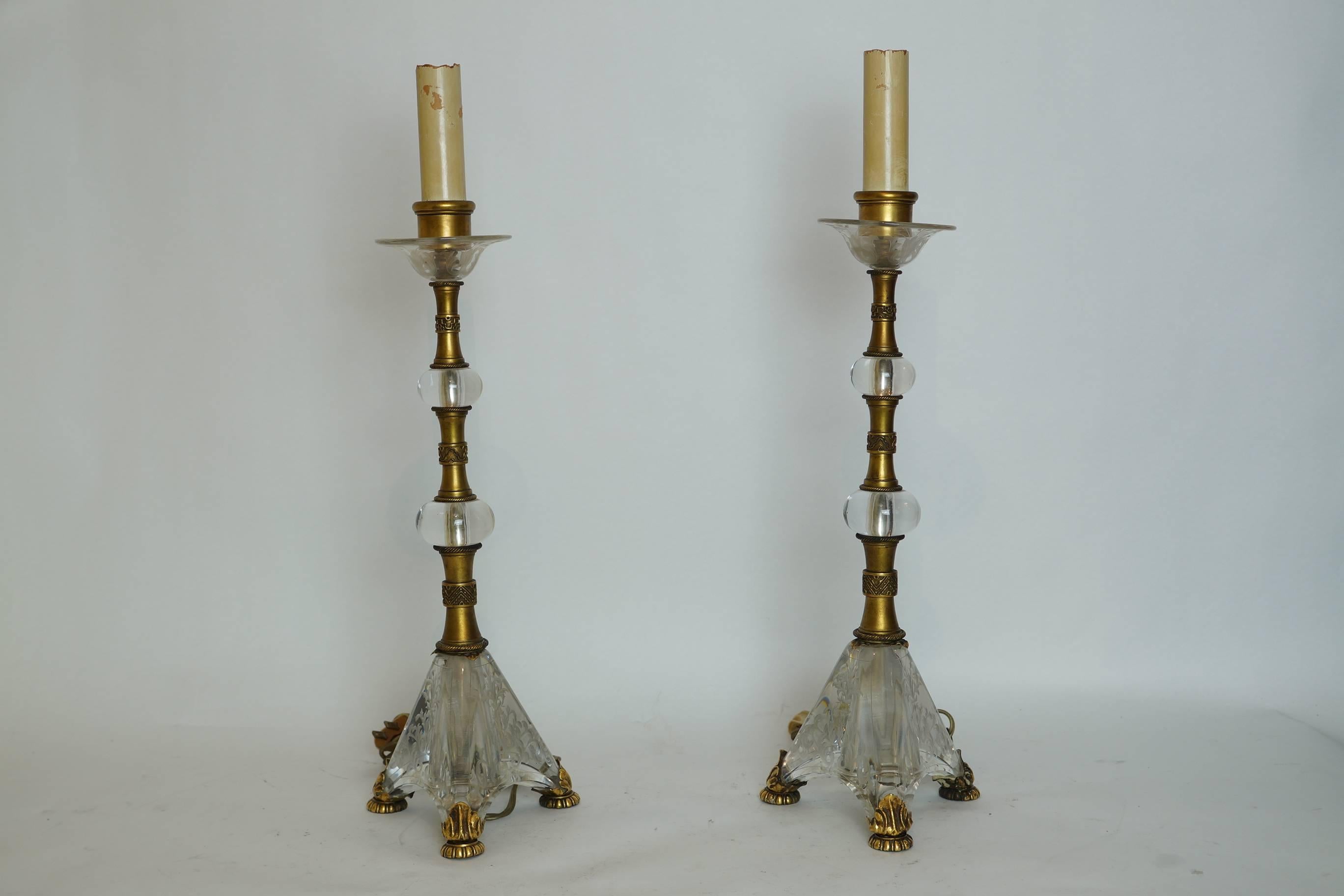 Pair of etched glass and gilt metal table lamps attributed to E F Caldwell.
Stock number: L396.