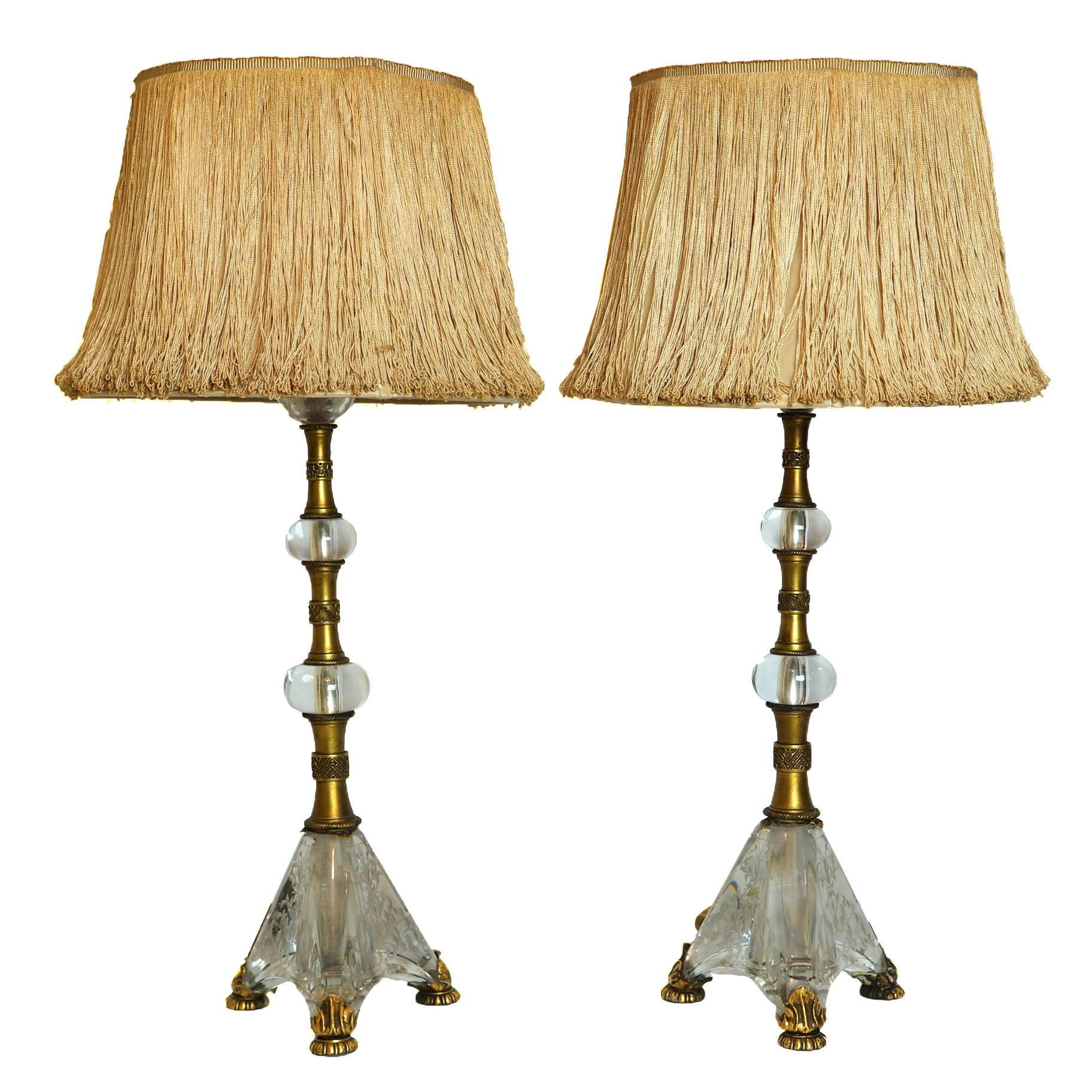 Pair of Etched Glass and Gilt Metal Table Lamps Attributed to E F Caldwell