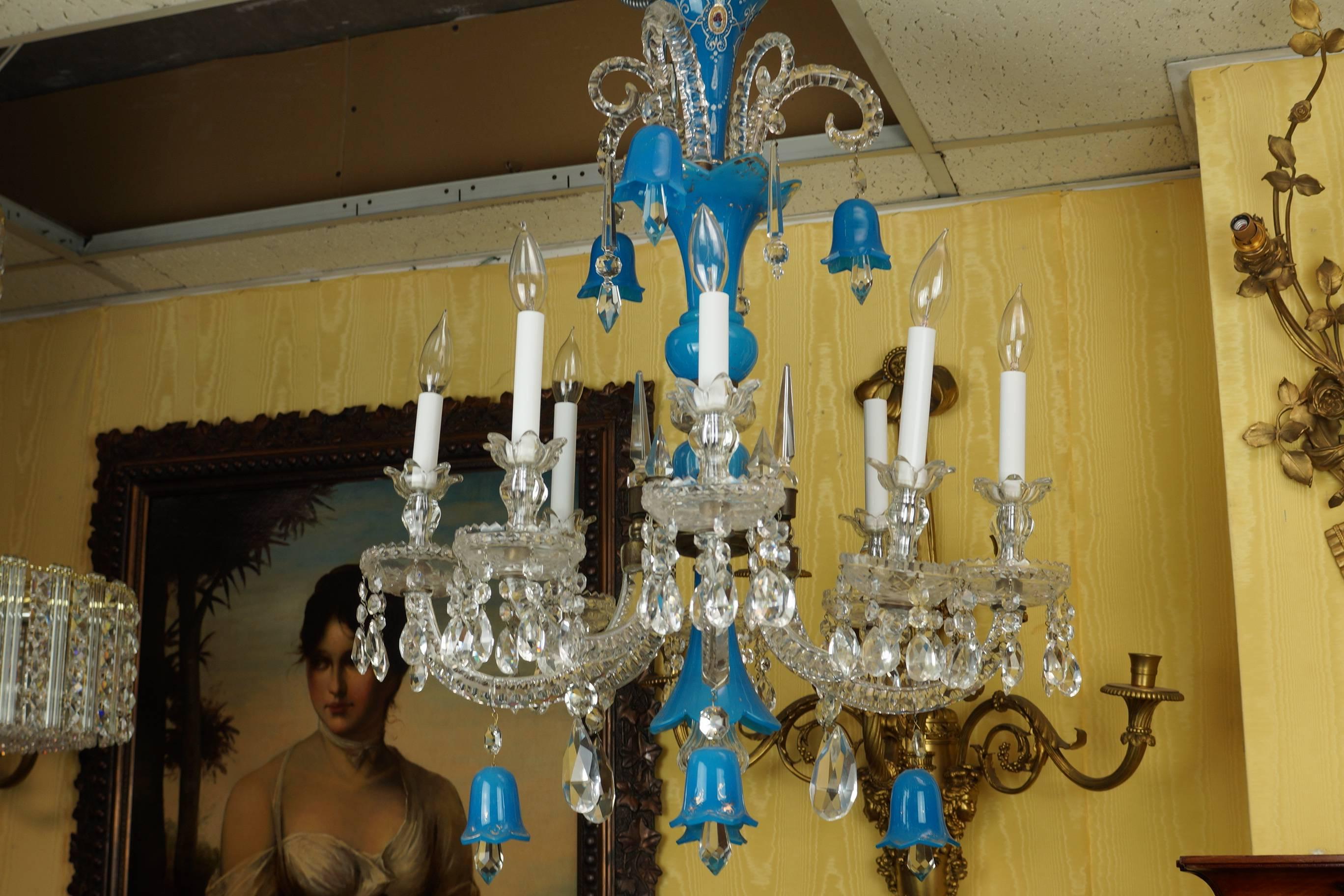 French Blue Opaline and Clear Glass Chandelier