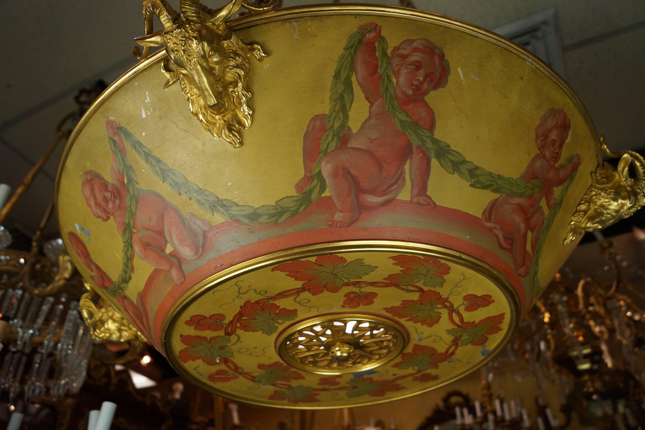 Metal Neoclassical Painted Tole and Bronze Chandelier Attributed to Caldwell 