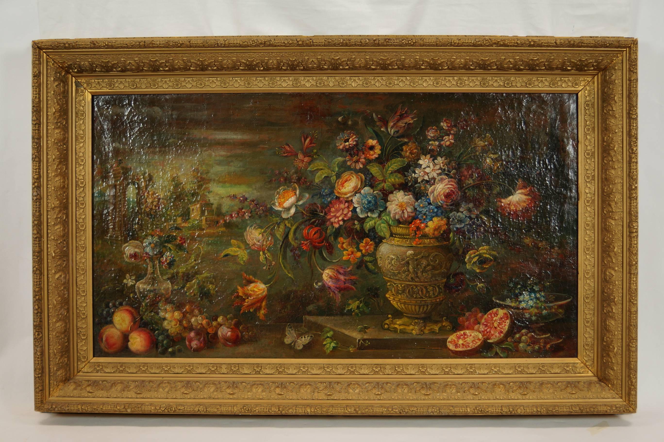 Still life oil on canvas painting with floral decorations.
Height: 30” width: 47.5” depth: 4” frame.
Height: 21” width: 38.5” painting without frame.
Oil on Canvas.

Painting 23.
Stock number: PA43.