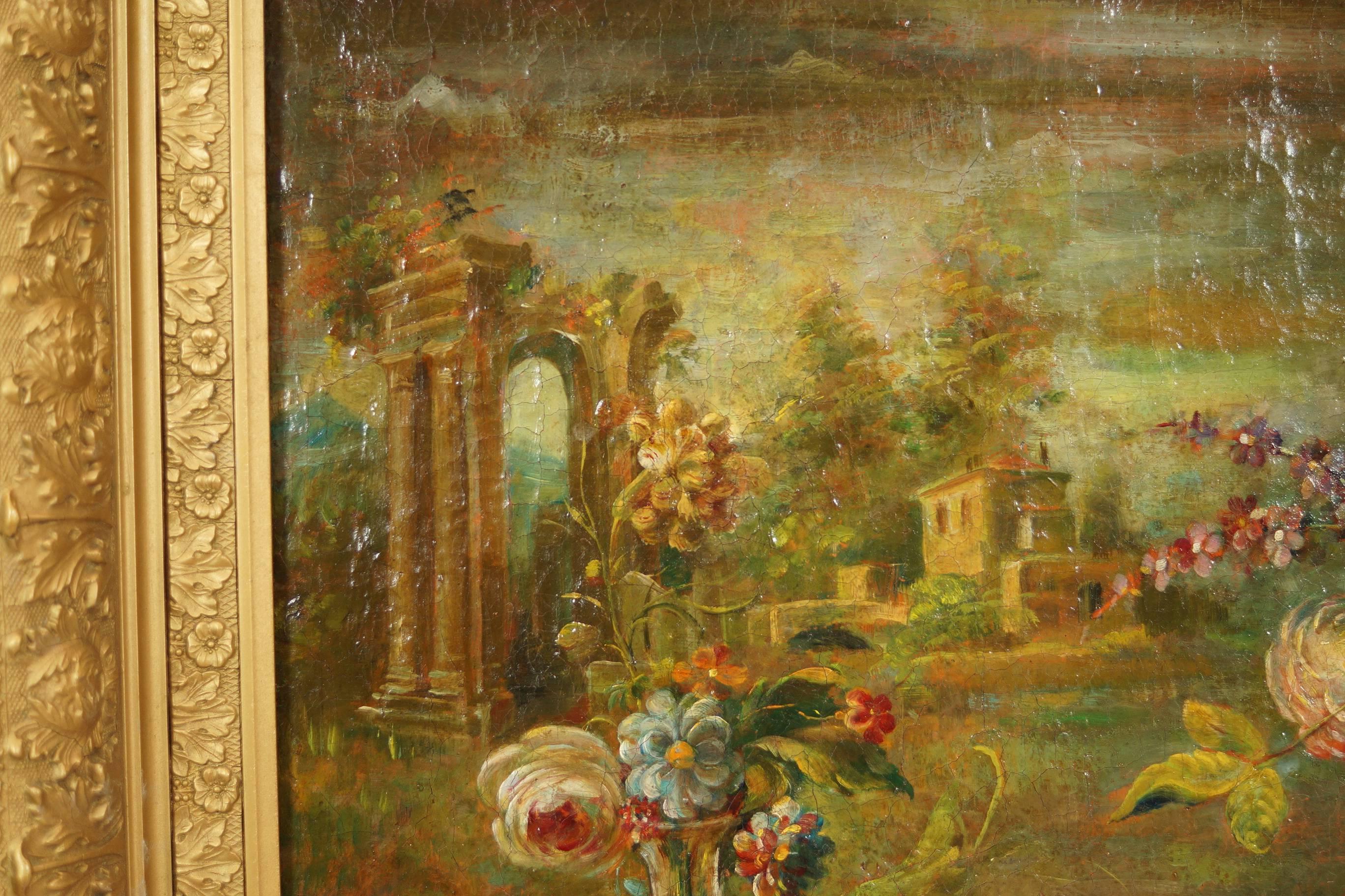 Still Life Oil on Canvas Painting with Flower Decorations In Excellent Condition In New York, NY