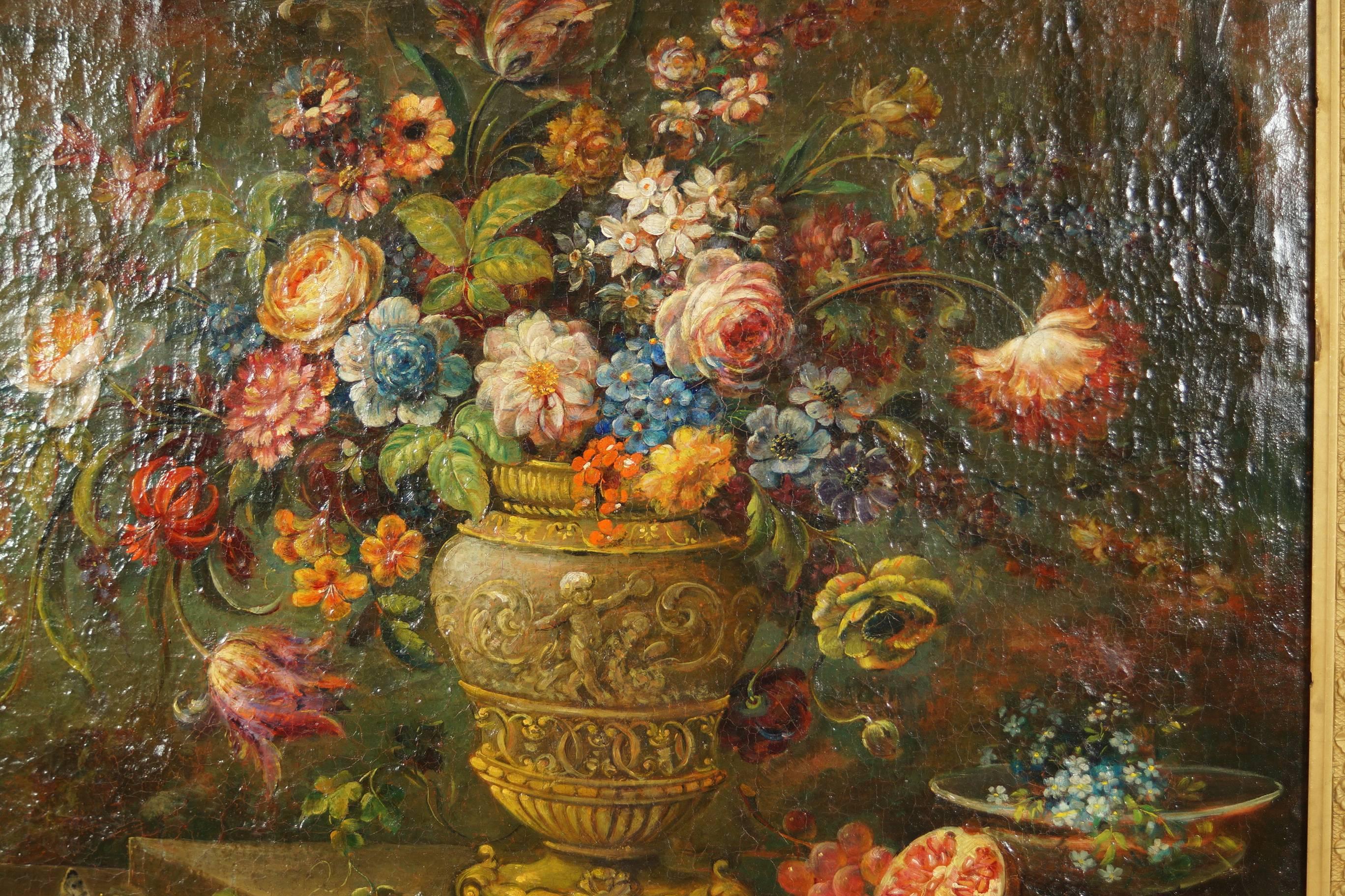 19th Century Still Life Oil on Canvas Painting with Flower Decorations