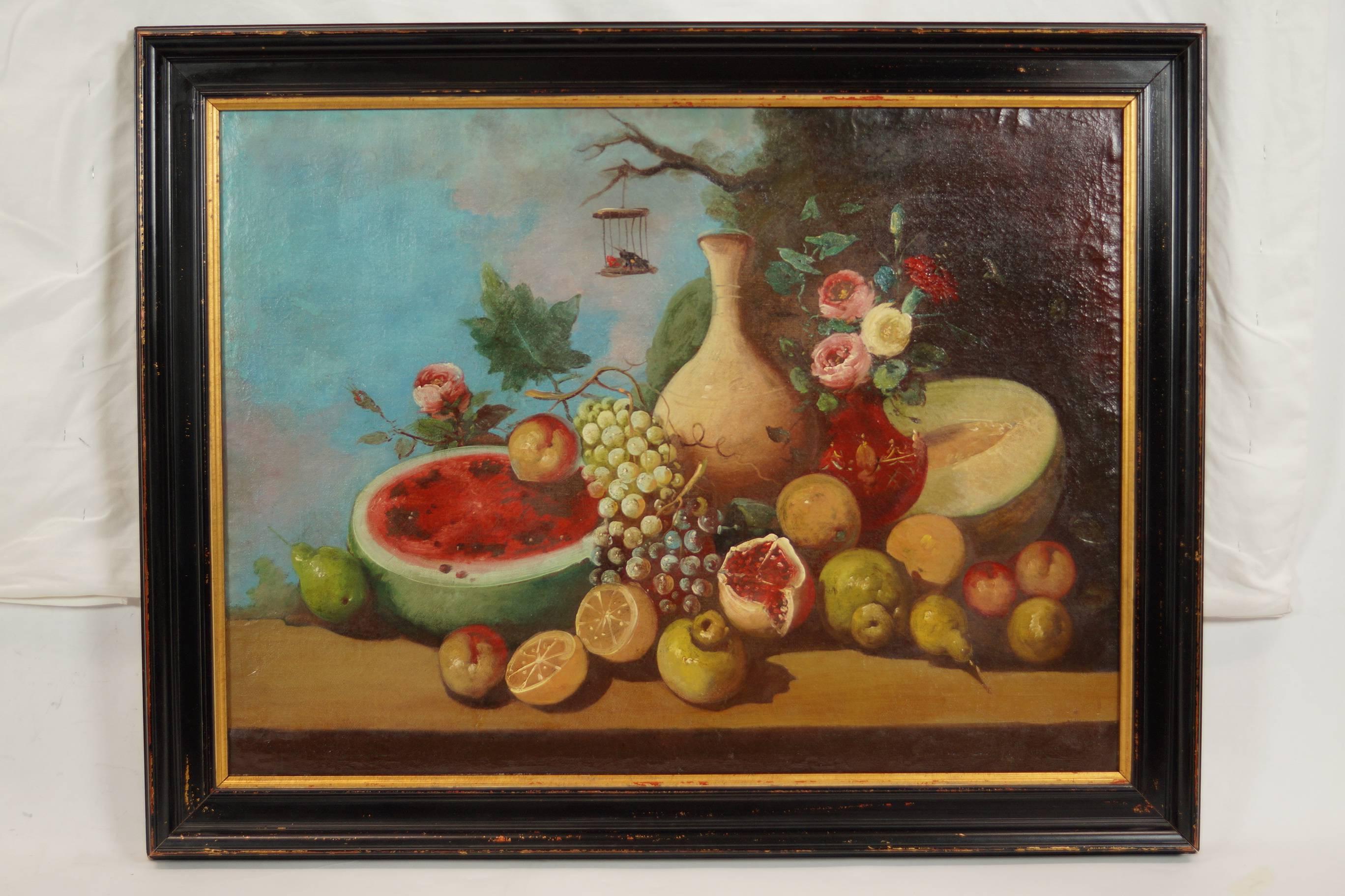 Pair of still life oil on canvas paintings of fruits.
Measures: Height 30”, width 38”.
Height 23.5”, width 31.5” painting without frame.
Oil on canvas.
Apparently unsigned.
Painting #24 and #25.
Stock number: PA44.