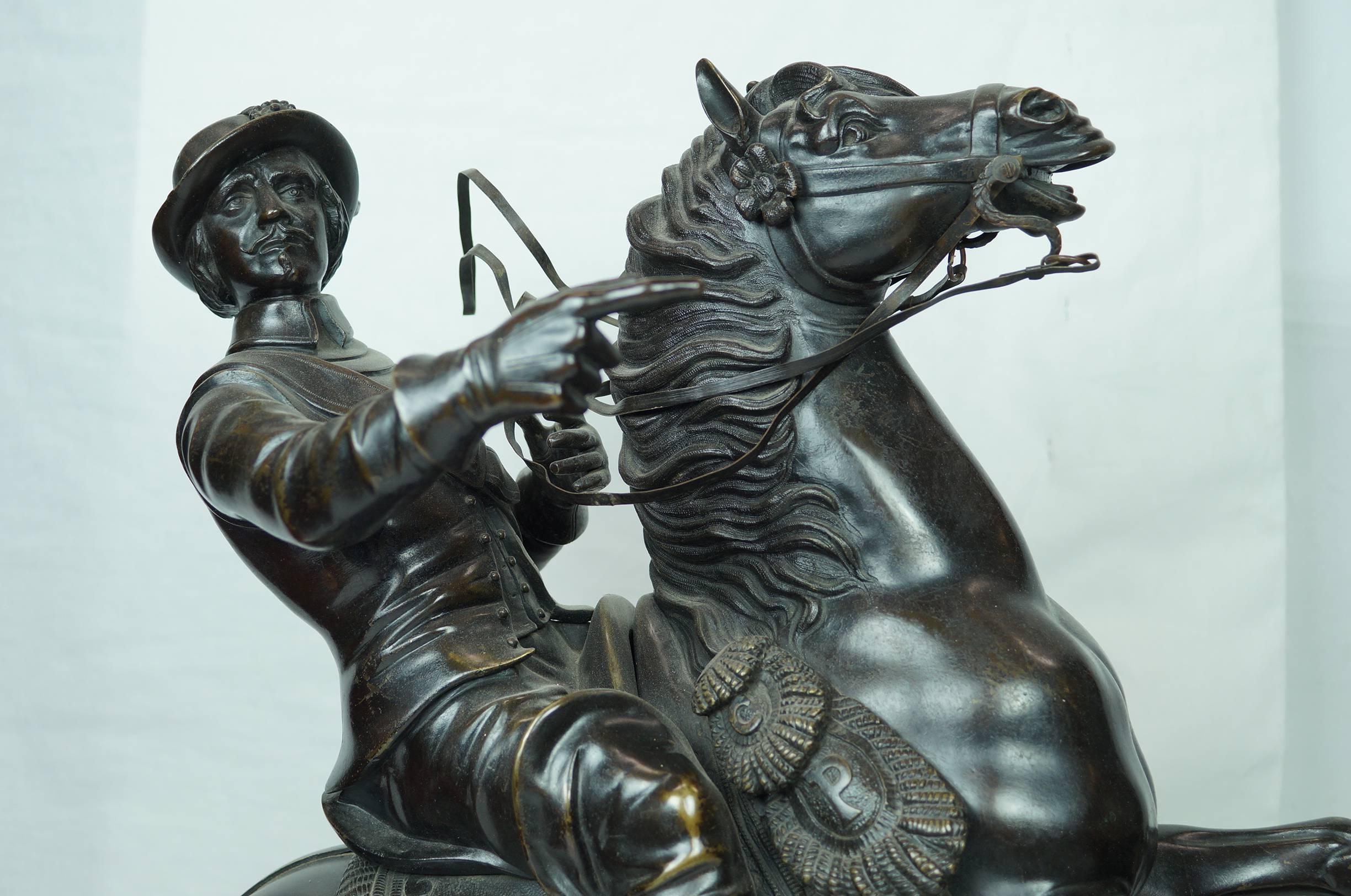 Late 19th Century Large Pair of Patinated Bronze Figures of Warriors on Horse