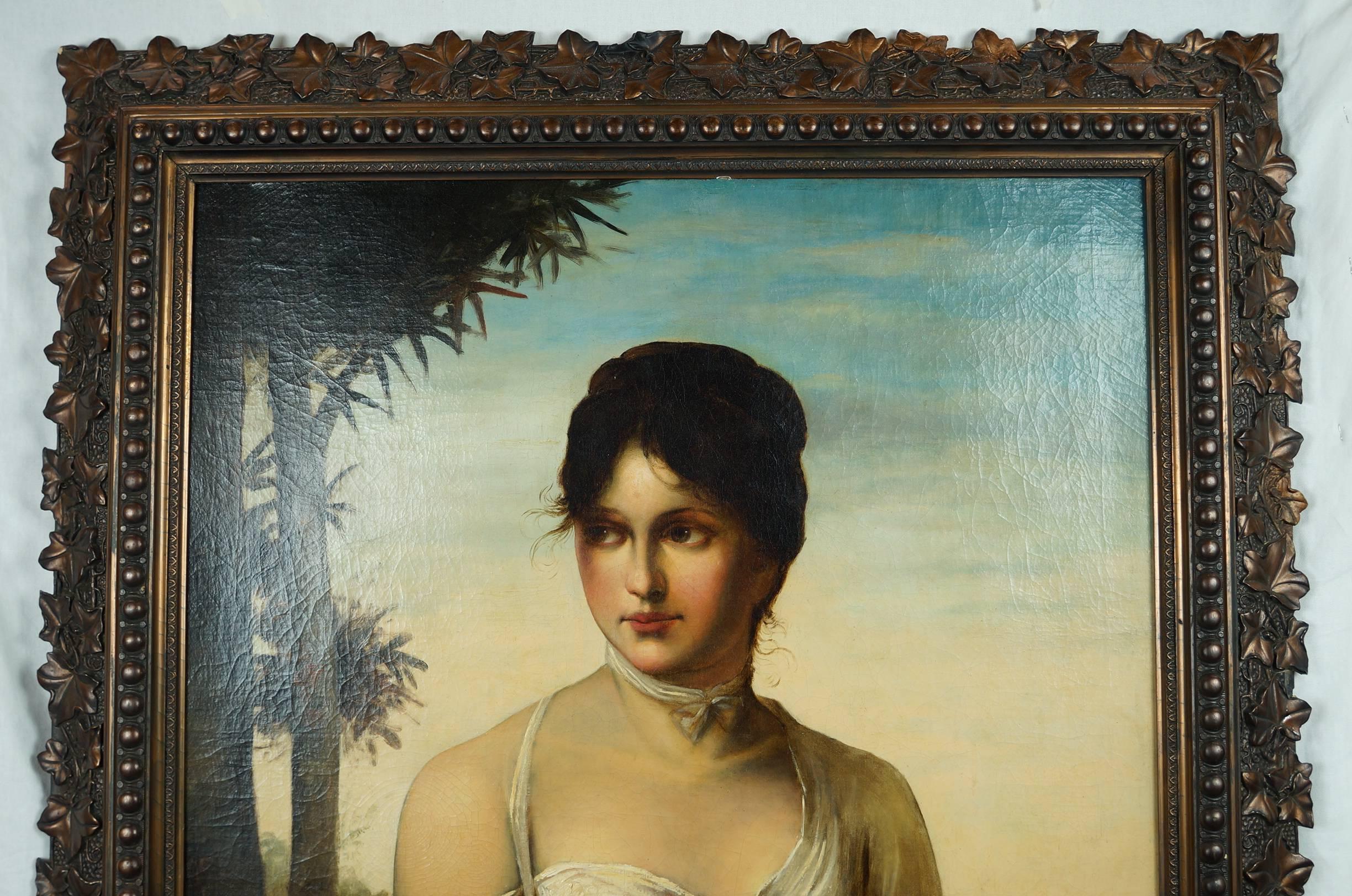 Neoclassical oil on canvas painting of standing lady holding mandolin.
Signed: Not legible.
Very fine detailed painting.
Measures: Height 49”, width 35” depth 3” frame
Height 40.5” width 26” painting without frame
Oil on canvas.
Stock Number: