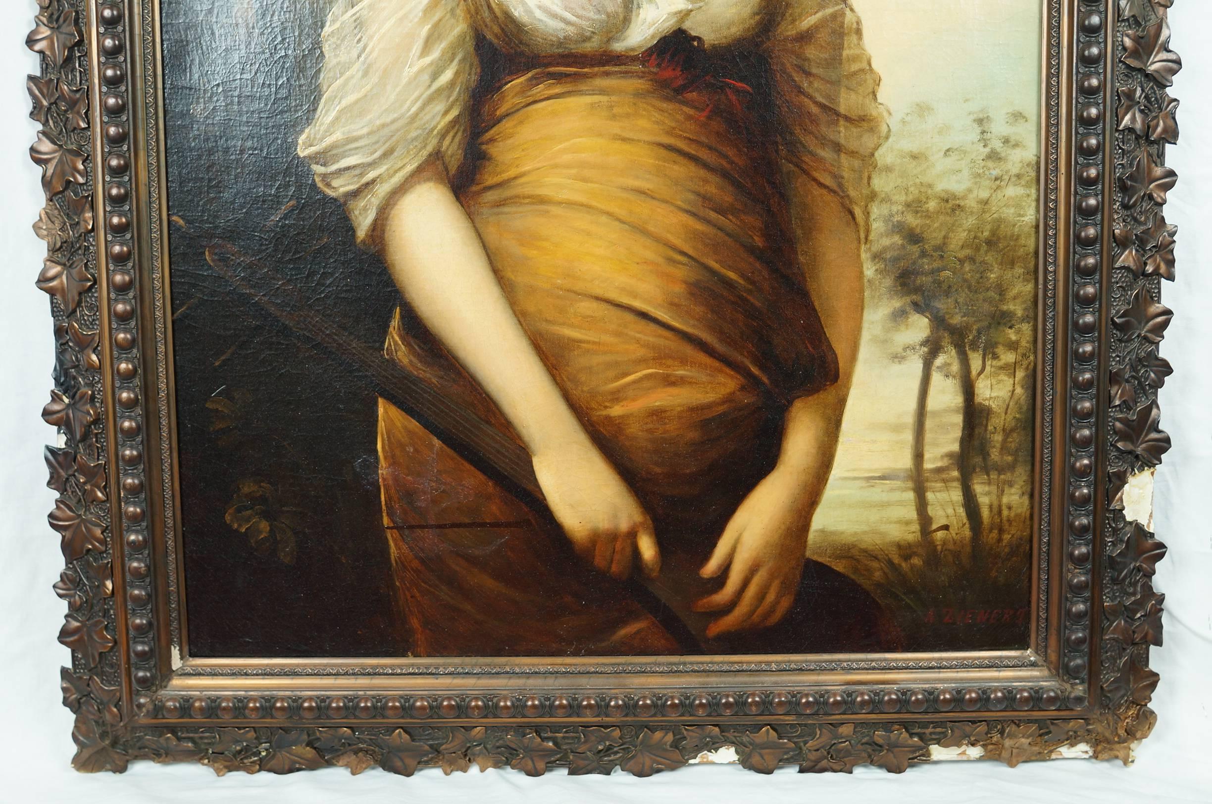 Late 19th Century Neoclassical Oil on Canvas Painting of Standing Lady Holding Mandolin Signed