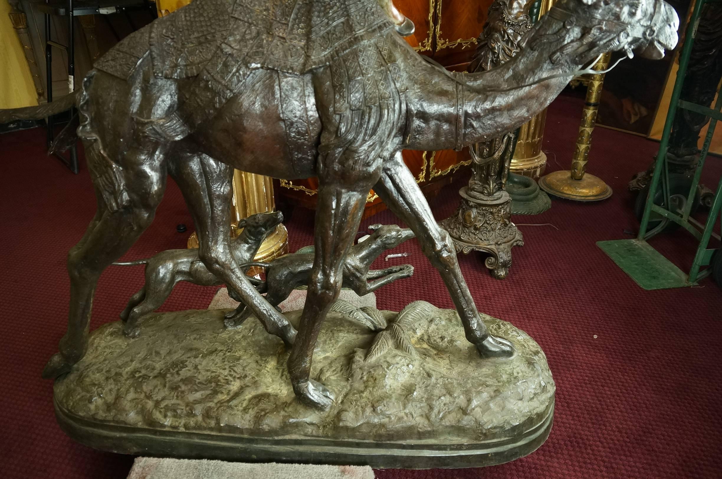 French Massive Patinated Bronze Figure of an a Hunter on Camel with Dogs after P J Mene