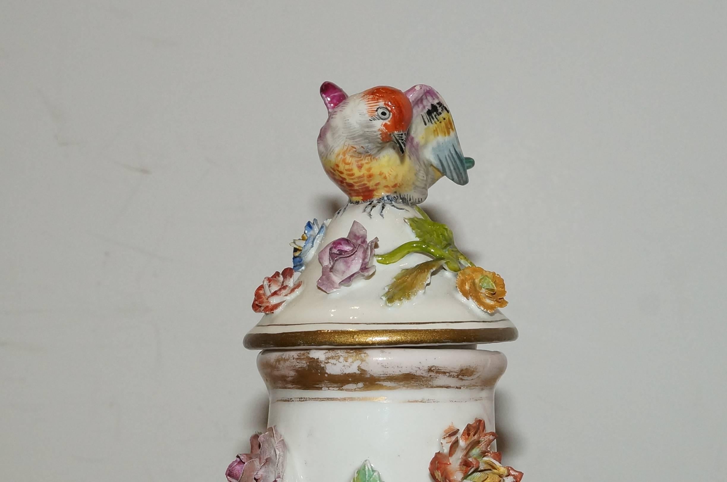 German Pair of Continental Porcelain Bottle Form Vases with applied Fruits and Flowers