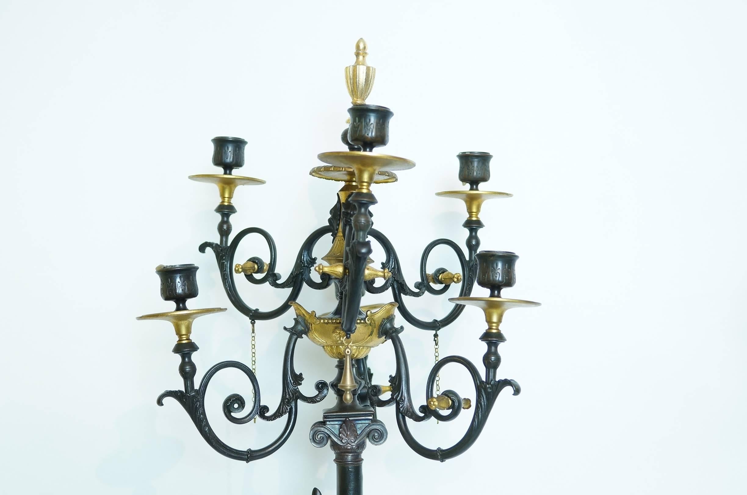 Pair of Neoclassical Bronze Two-Tone Figural Candelabra For Sale 3