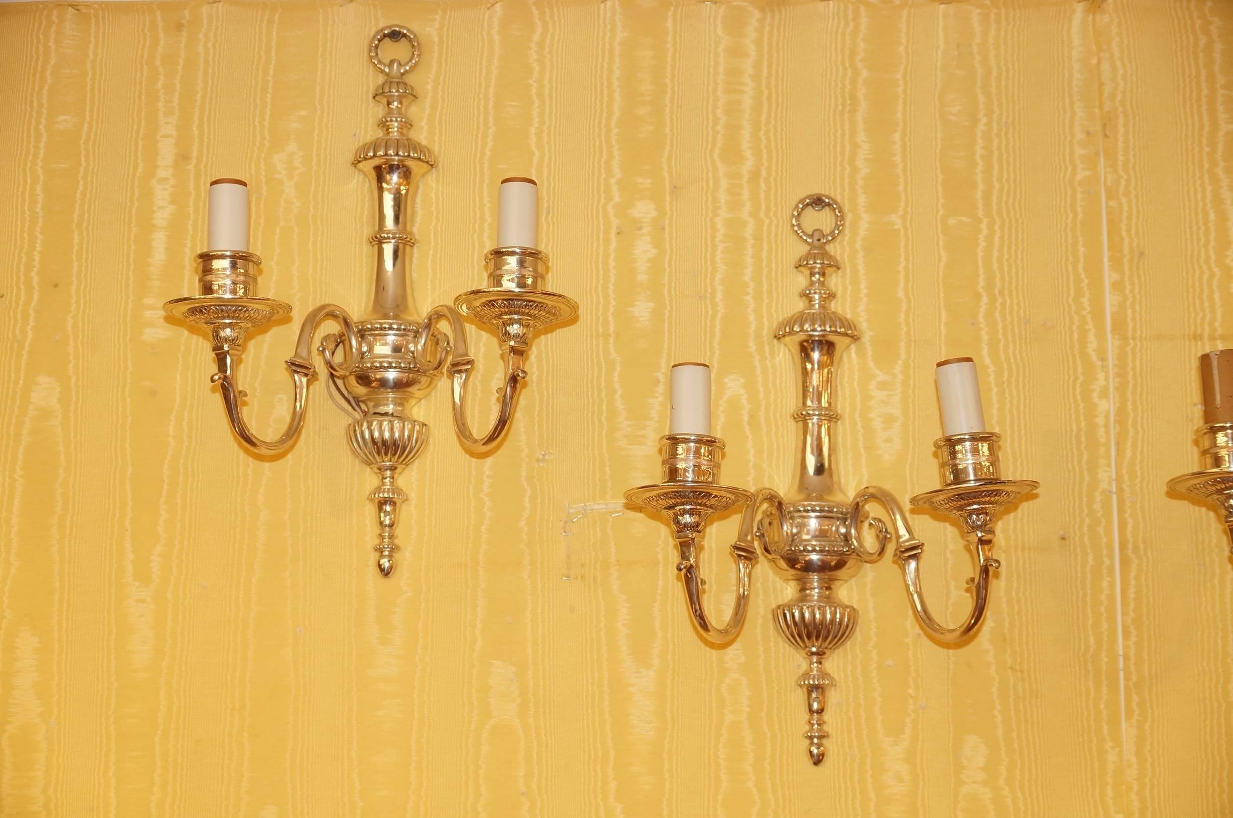 Set of four Caldwell style silvered metal two-arm wall light sconces.
Stock Number: LS20