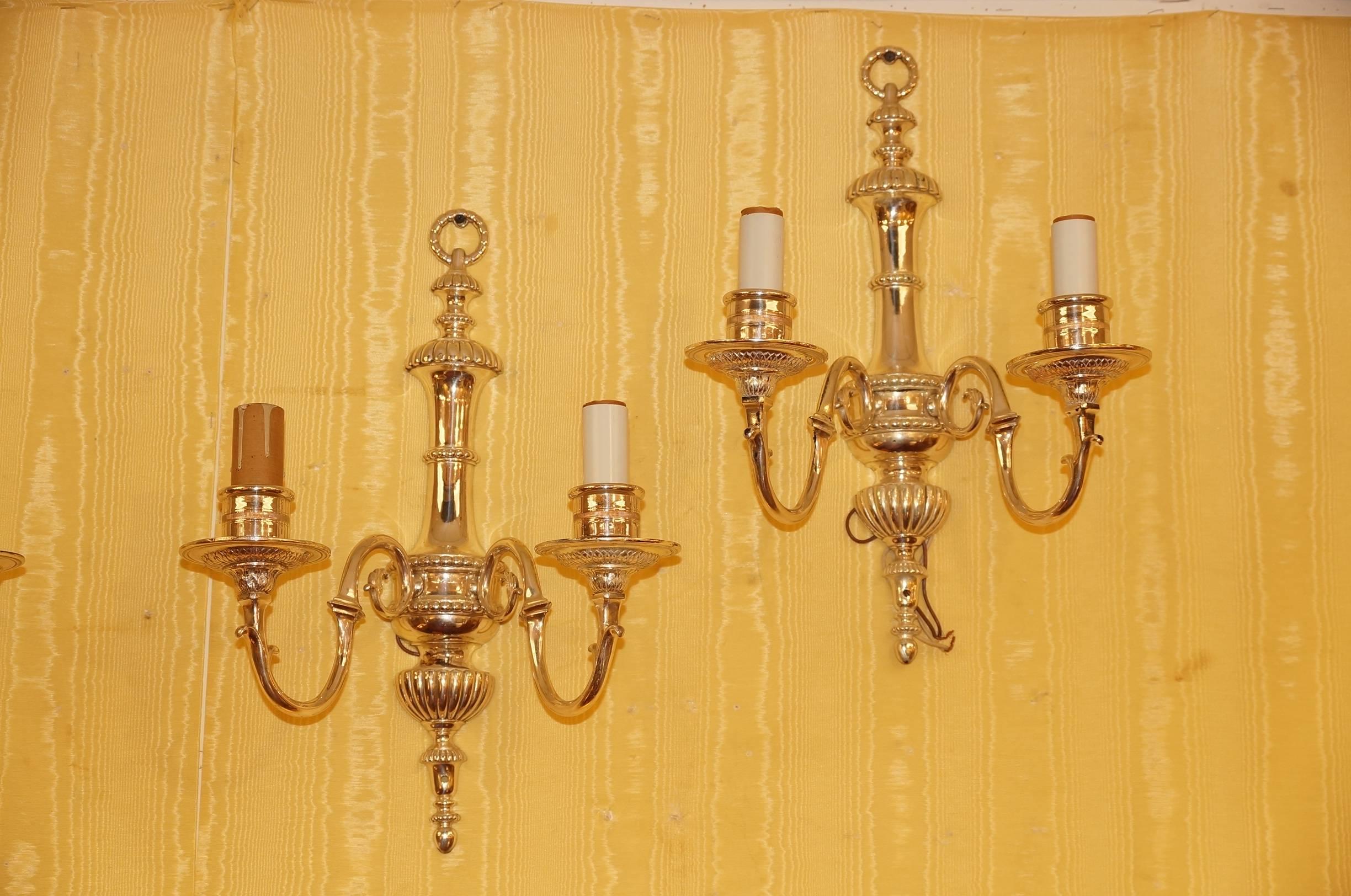 Set of Four Caldwell Style Silvered Metal Two-Arm Wall Light Sconces In Excellent Condition For Sale In New York, NY