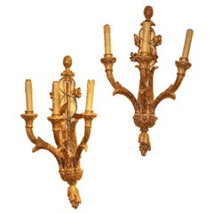 Antique Pair of Italian Giltwood and Gesso Sconces