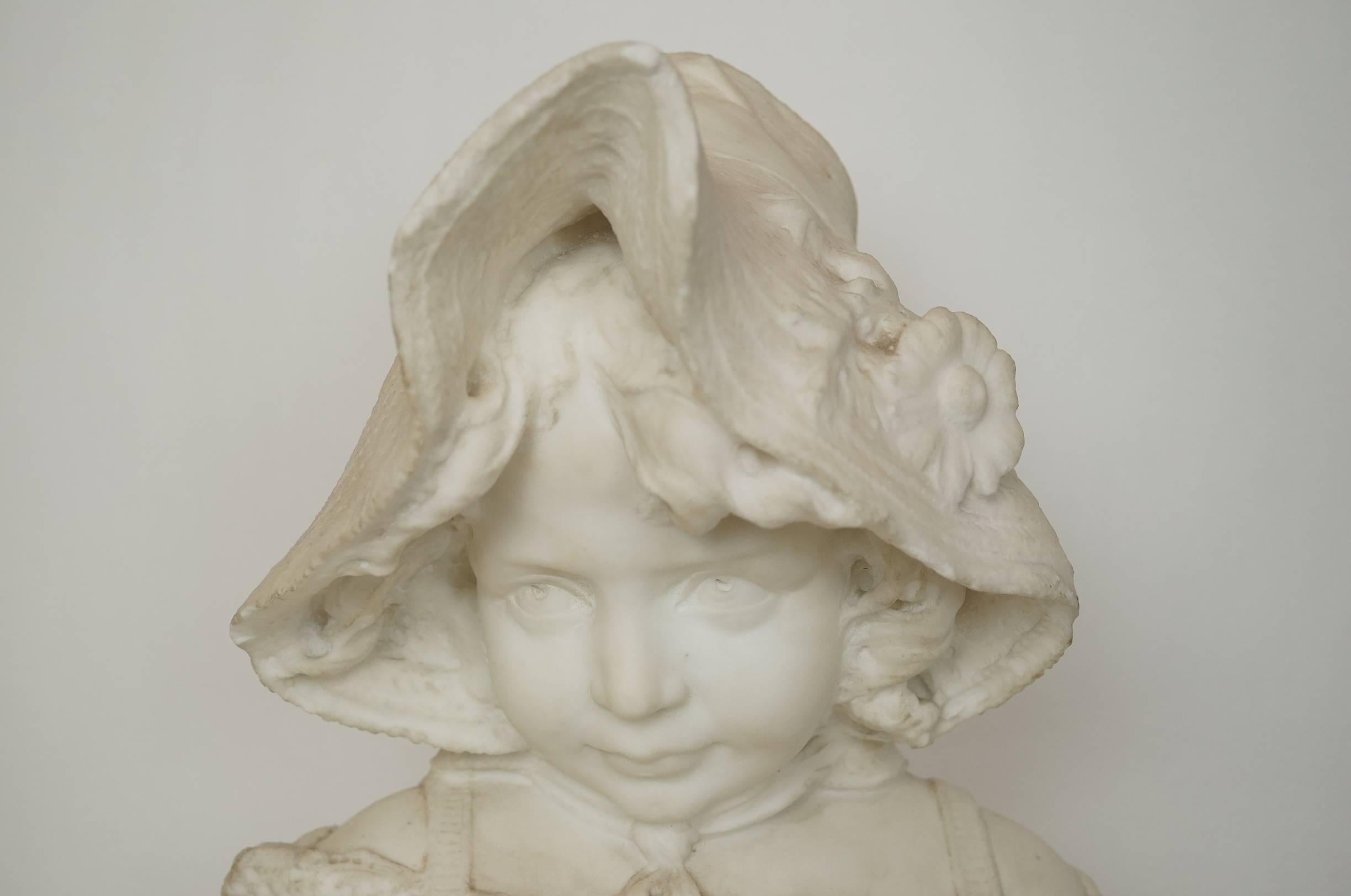 Hand-Carved Italian 19th Century Marble Bust of a Girl by Pugi of Firenze For Sale