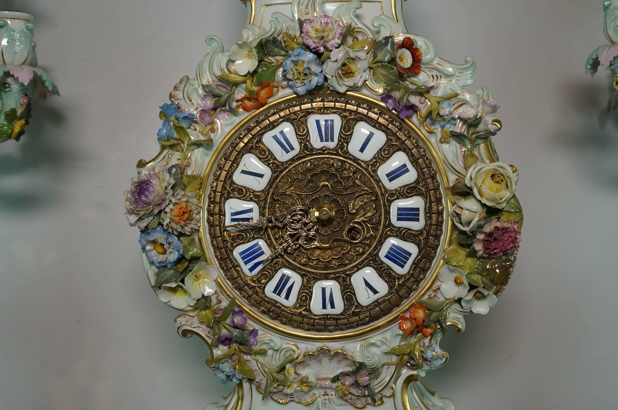 Very Large Three-Piece Meissen Porcelain Figural Flower Encrusted Clock Set 3