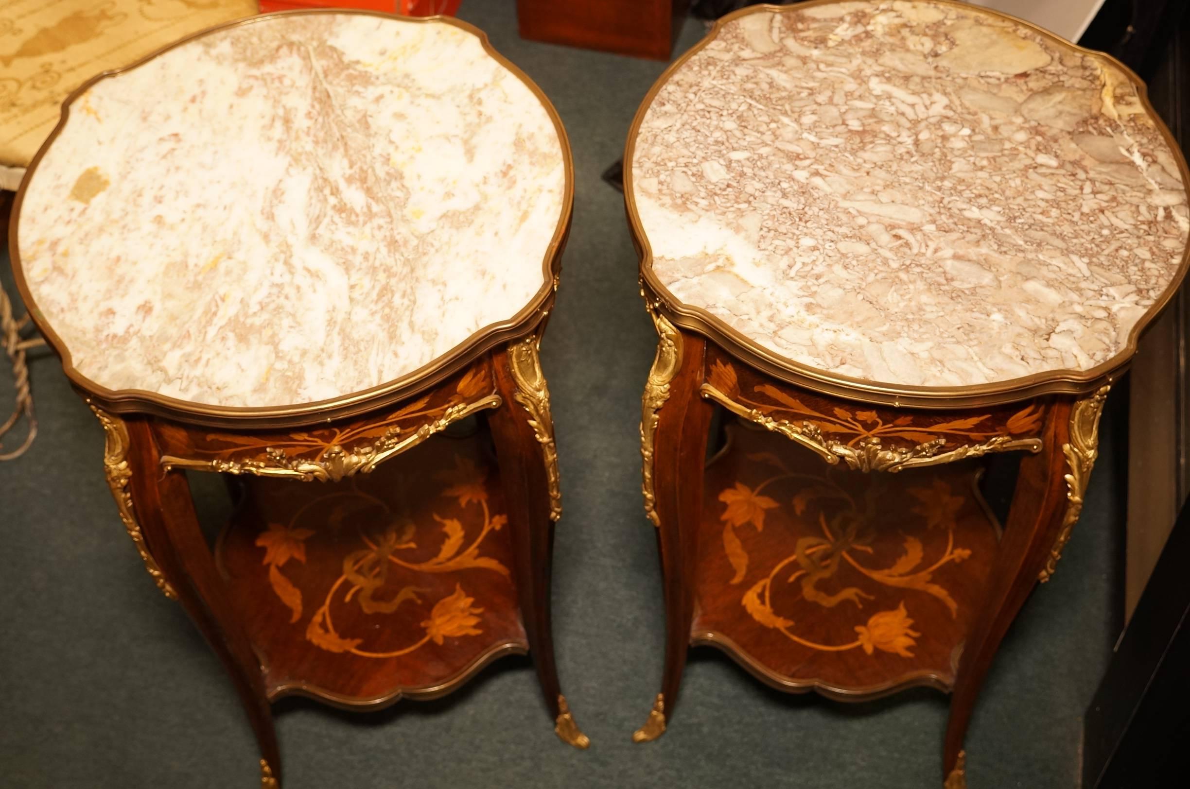  Pair of French  Louis XV style bronze mounted   Marquetry Inlaid Side Tables In Good Condition In New York, NY