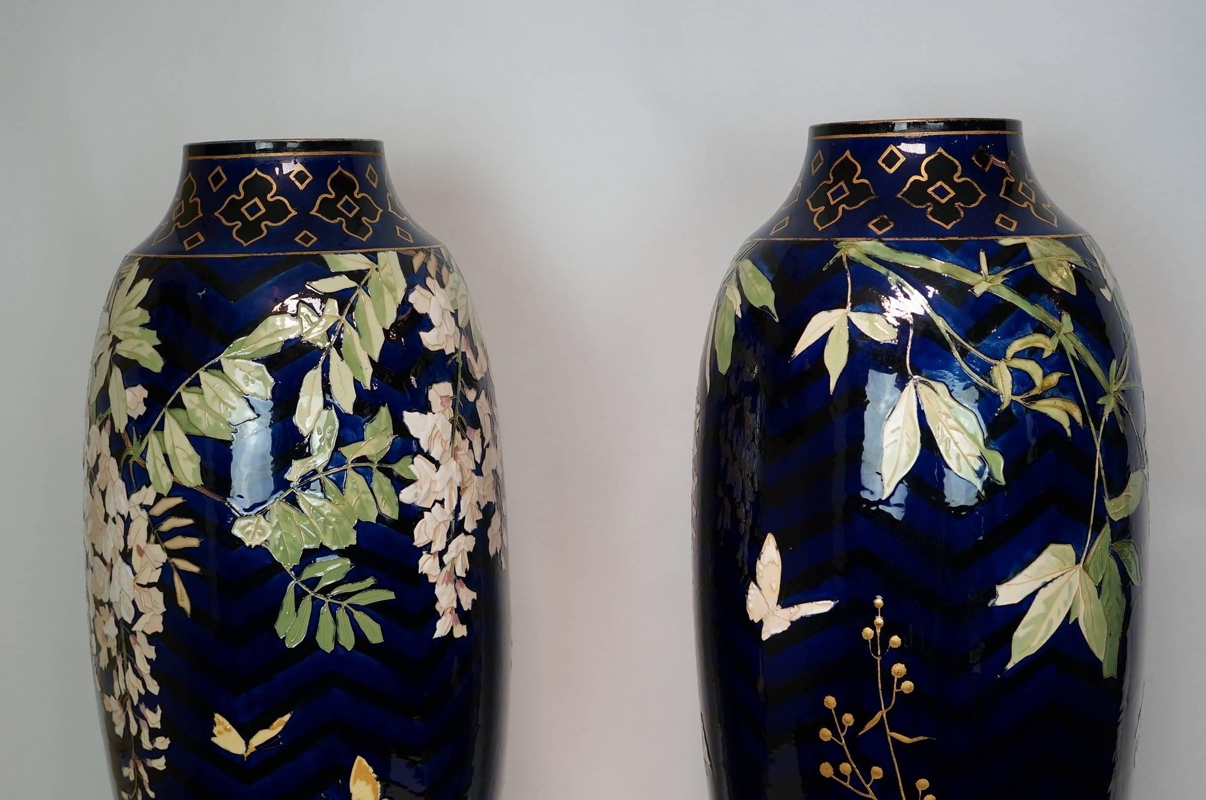 Tall Pair of Cobalt Blue Porcelain and Bronze Vases with Floral Decorations For Sale 1