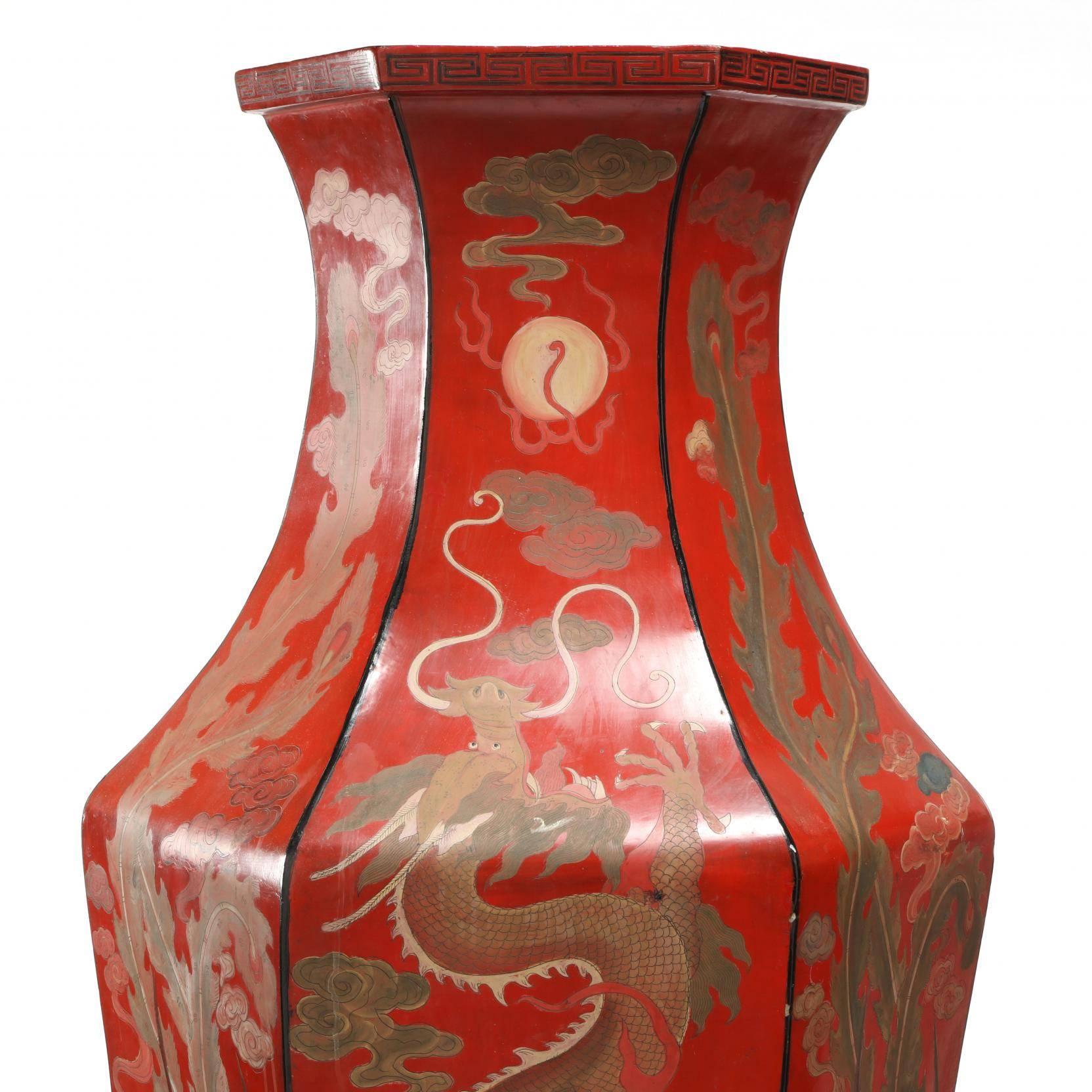 Asian Large Pair of Chinese Red Lacquer Imperial Vases with Painted Dragon on Stands