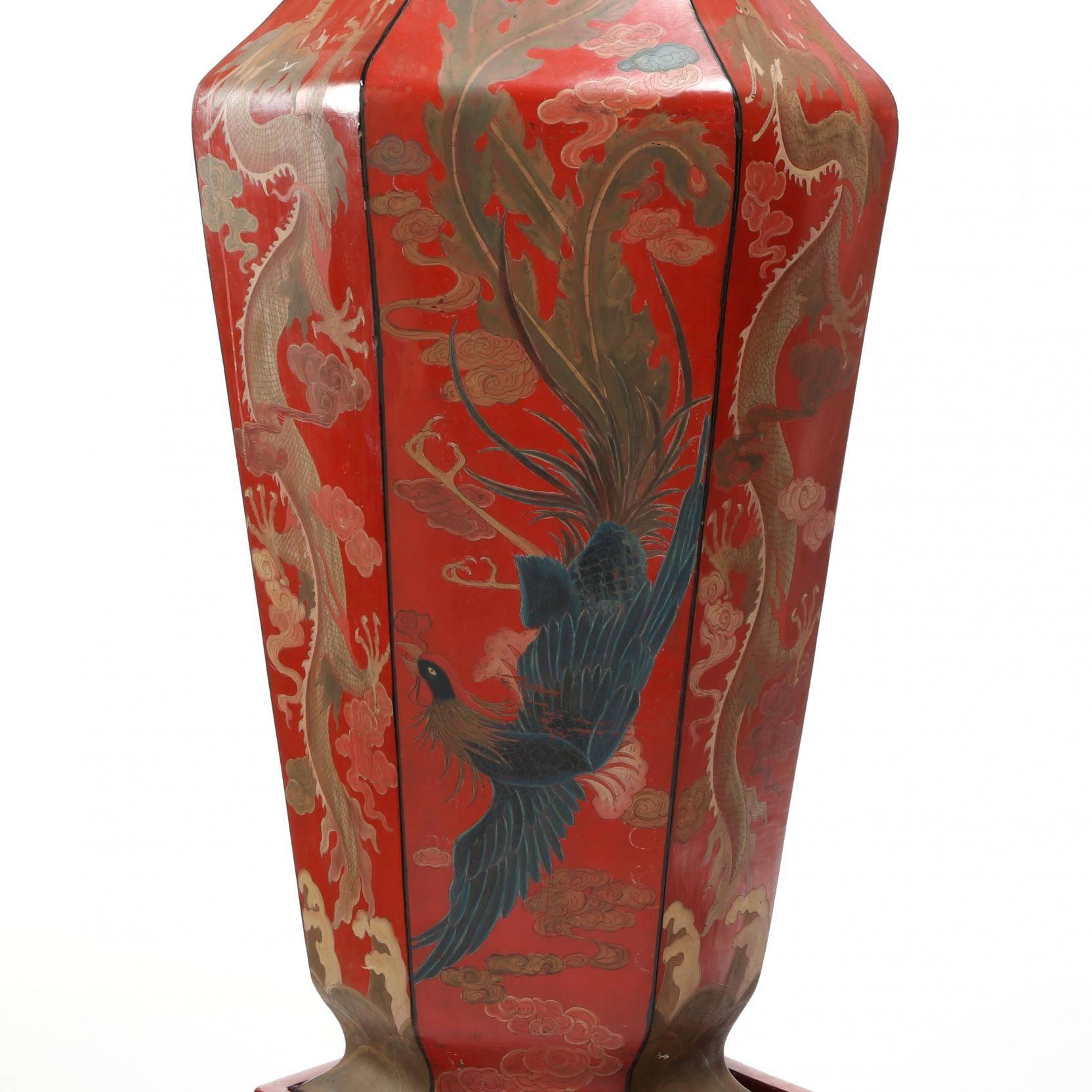Large Pair of Chinese Red Lacquer Imperial Vases with Painted Dragon on Stands In Good Condition In New York, NY
