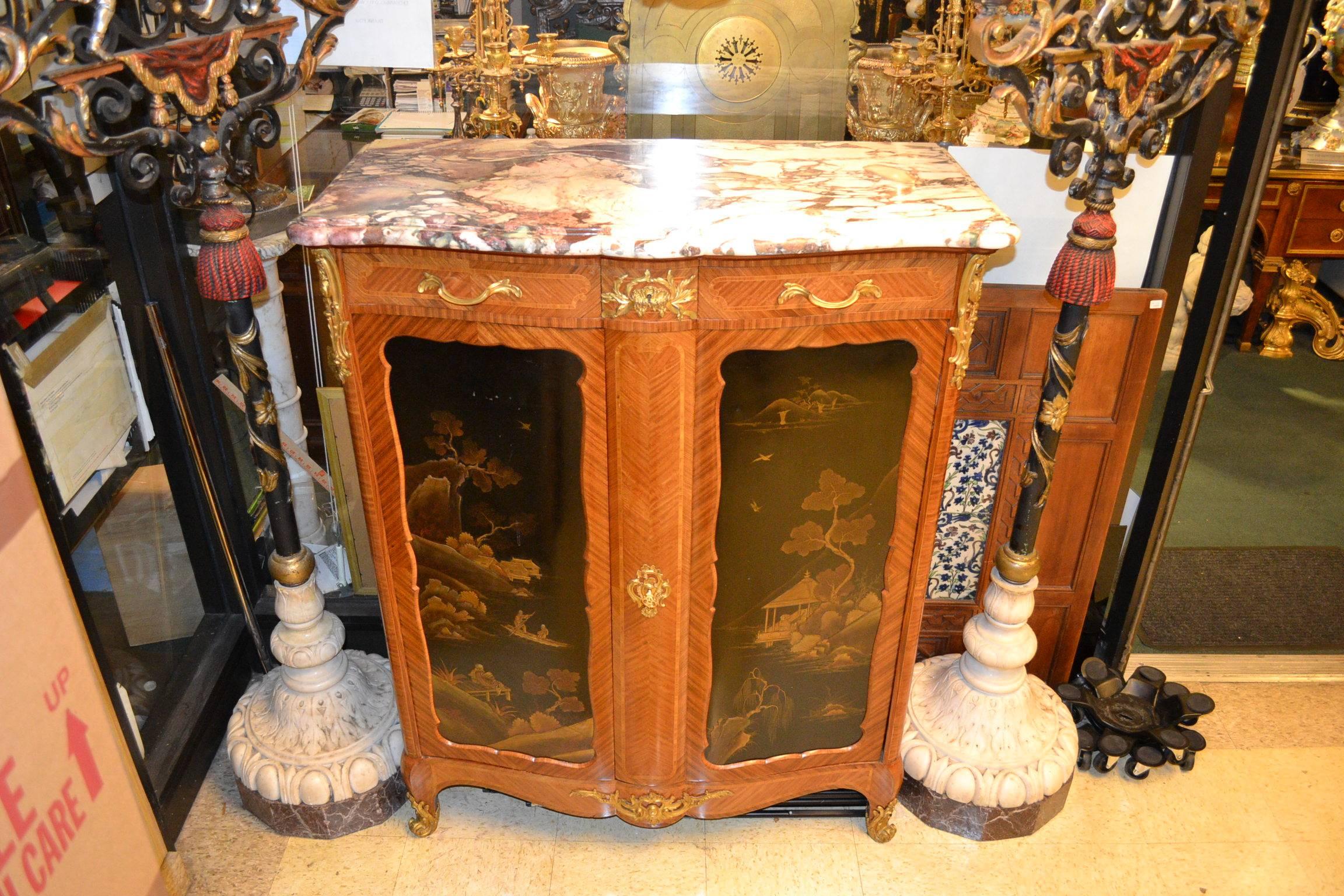 French chinoiserie Japonism Laquer marble top commode in style of Linke.
