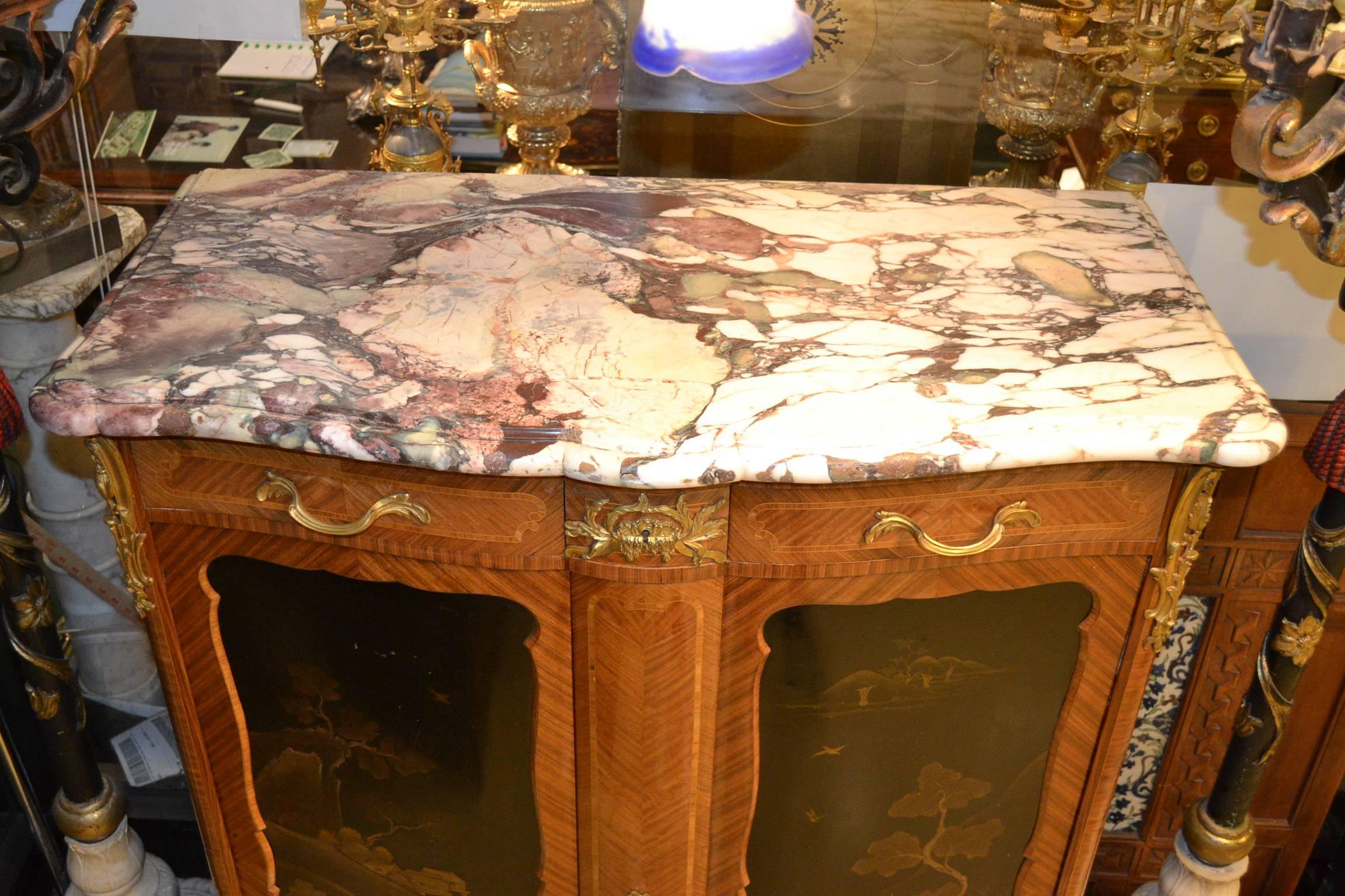 European French Chinoiserie Japonism Laquer Marble Top Commode in Style of Linke