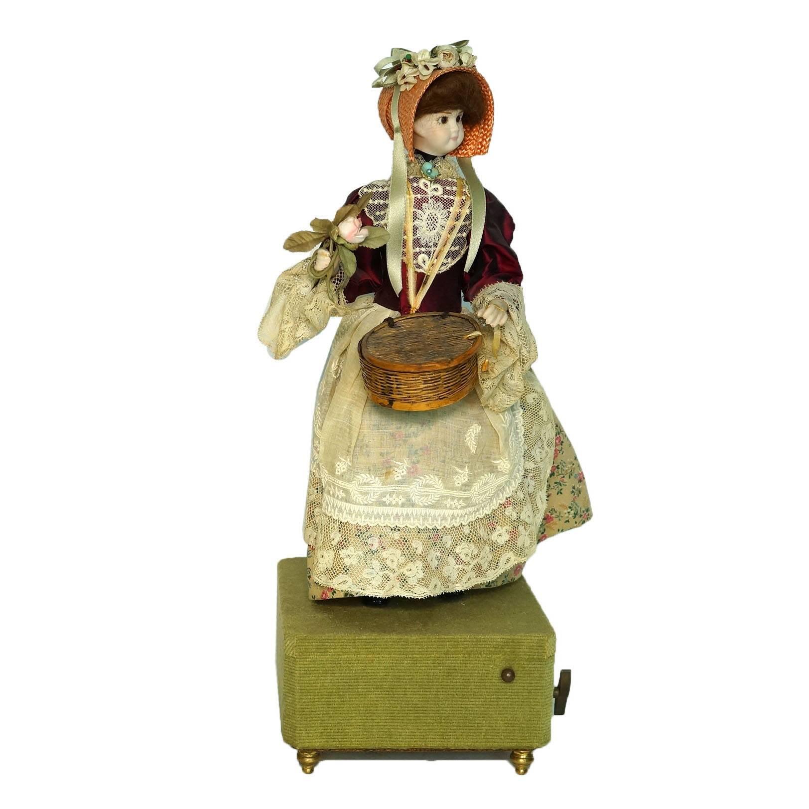 Automaton Figure of a Standing Girl Holding Flowers Playing Music In Good Condition In New York, NY