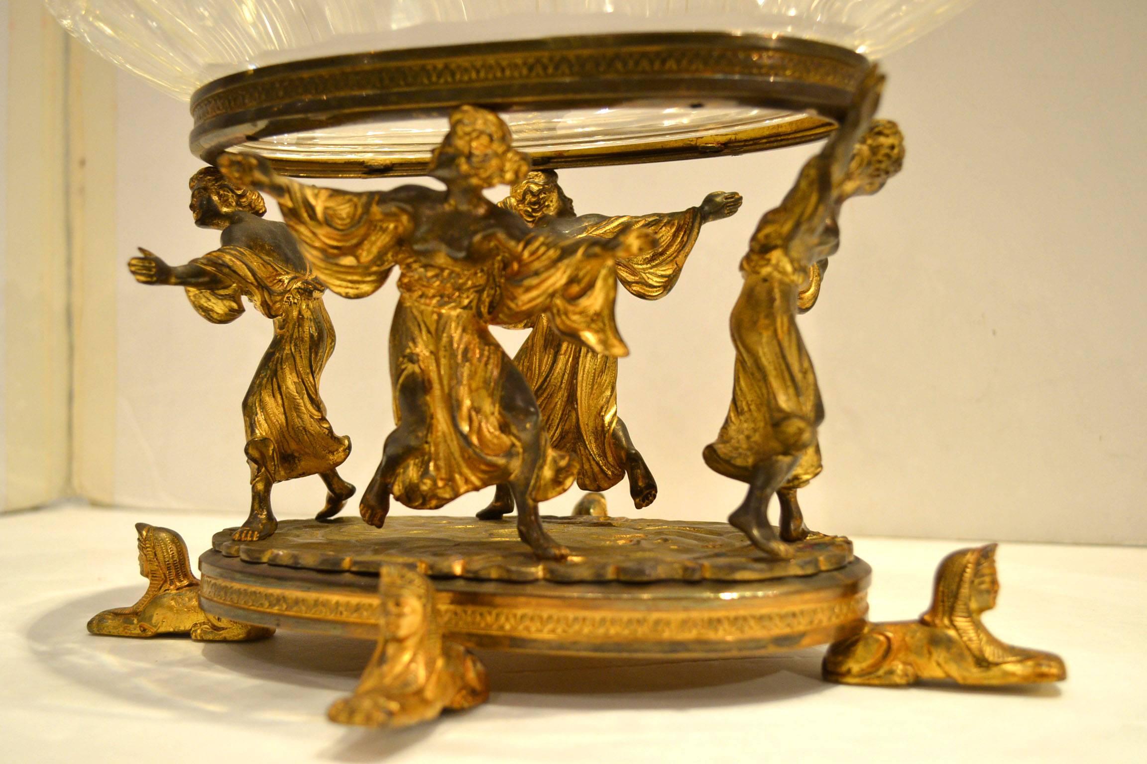 20th Century French Egyptian Revival Gilt Bronze and Crystal Figural Centerpiece