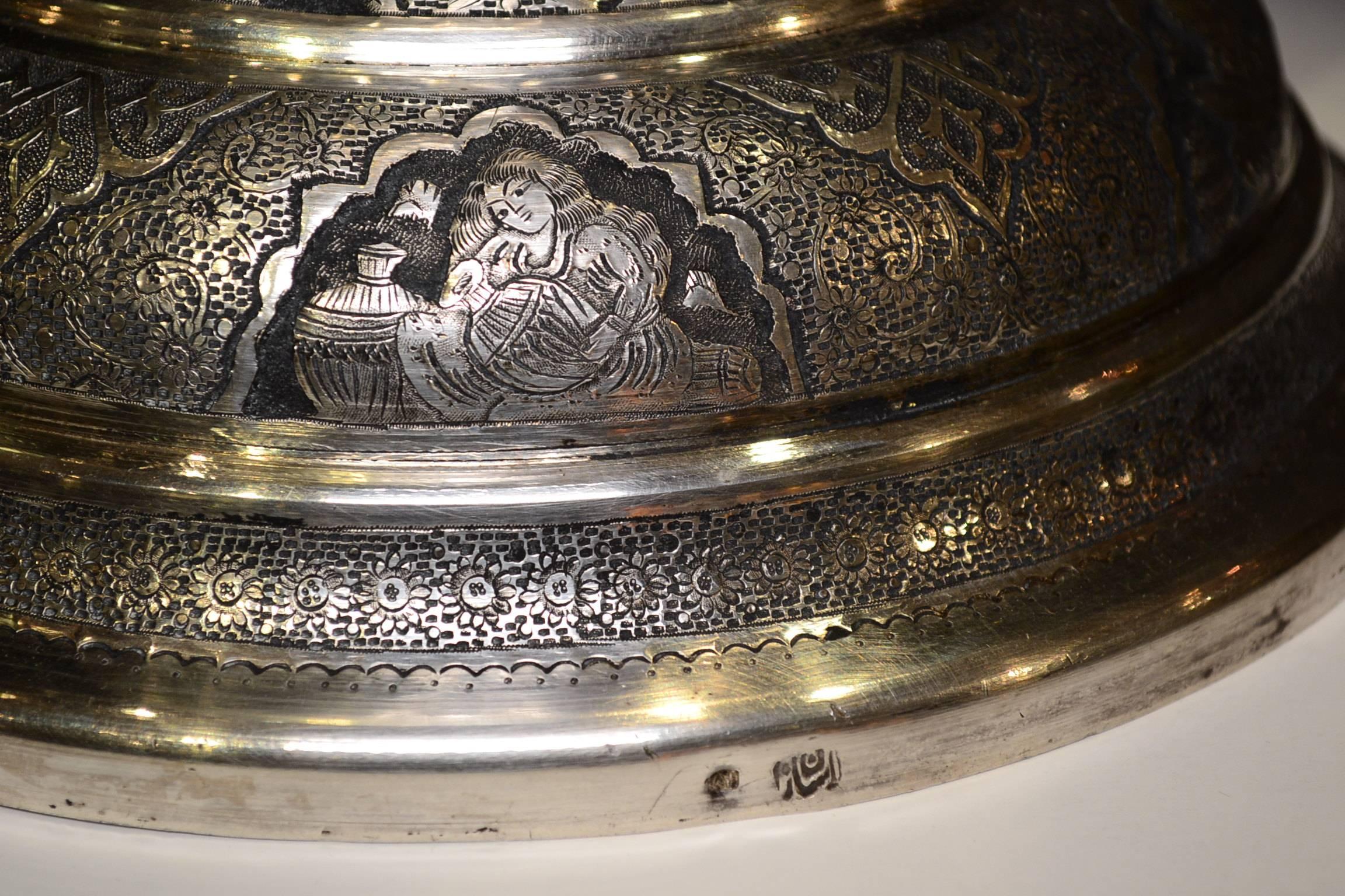 Magnificent Pair of Persian Silver Palace Size Vases with Inlaid Figural Work 2