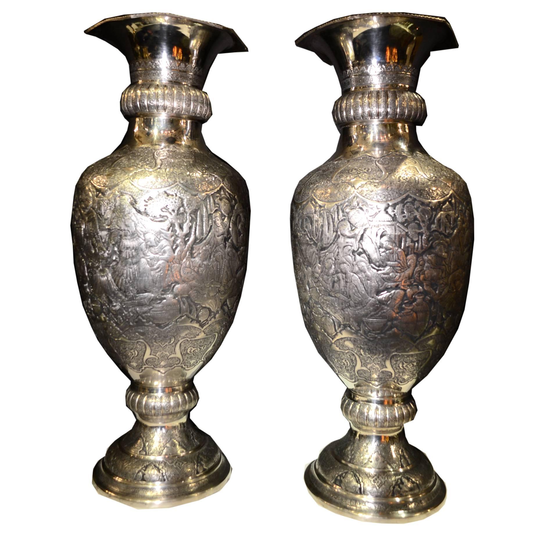 Magnificent Pair of Persian Silver Palace Size Vases with Inlaid Figural Work