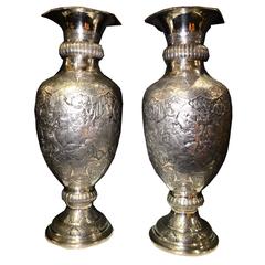 Magnificent Pair of Persian Silver Palace Size Vases with Inlaid Figural Work