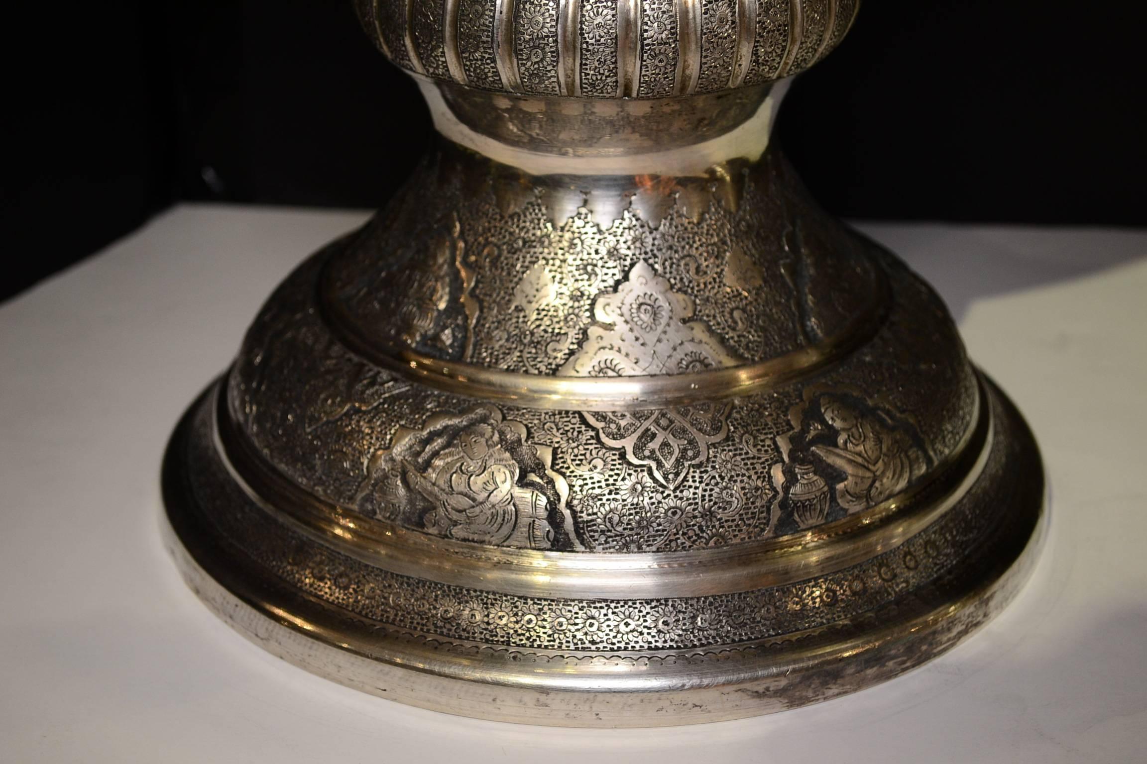 Magnificent Pair of Persian Silver Palace Size Vases with Inlaid Figural Work 3