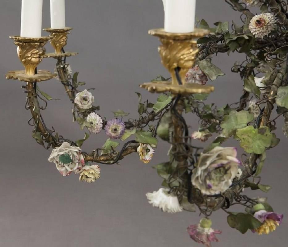 19th Century North European Ormolu Painted Tole and Porcelain Sixteen-Light Chandelier