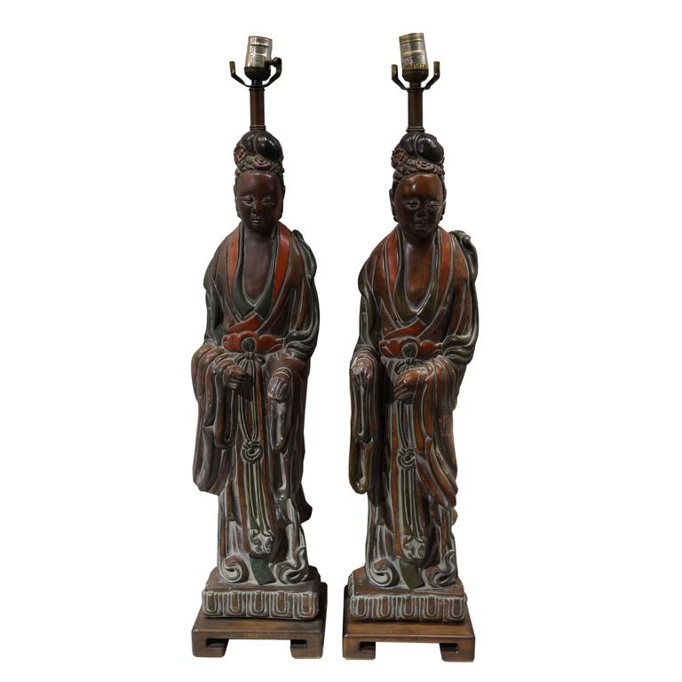 Pair of Chinese Oriental Figural Table Lamps on Square Wood Base at 1stDibs