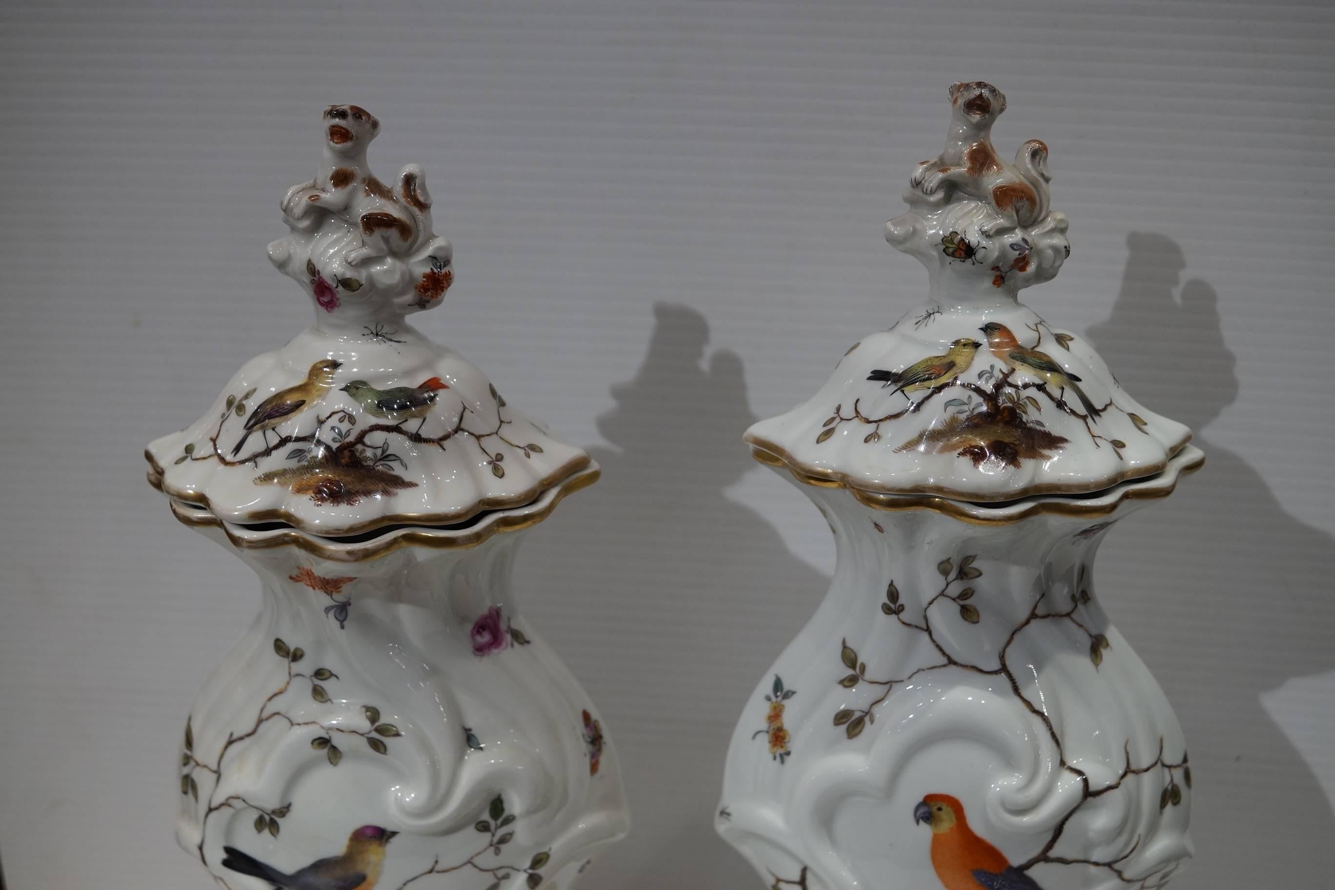 Pair of Aesthetic Painted Porcelain and Bronze Covered Urns with Bird and Flower 1