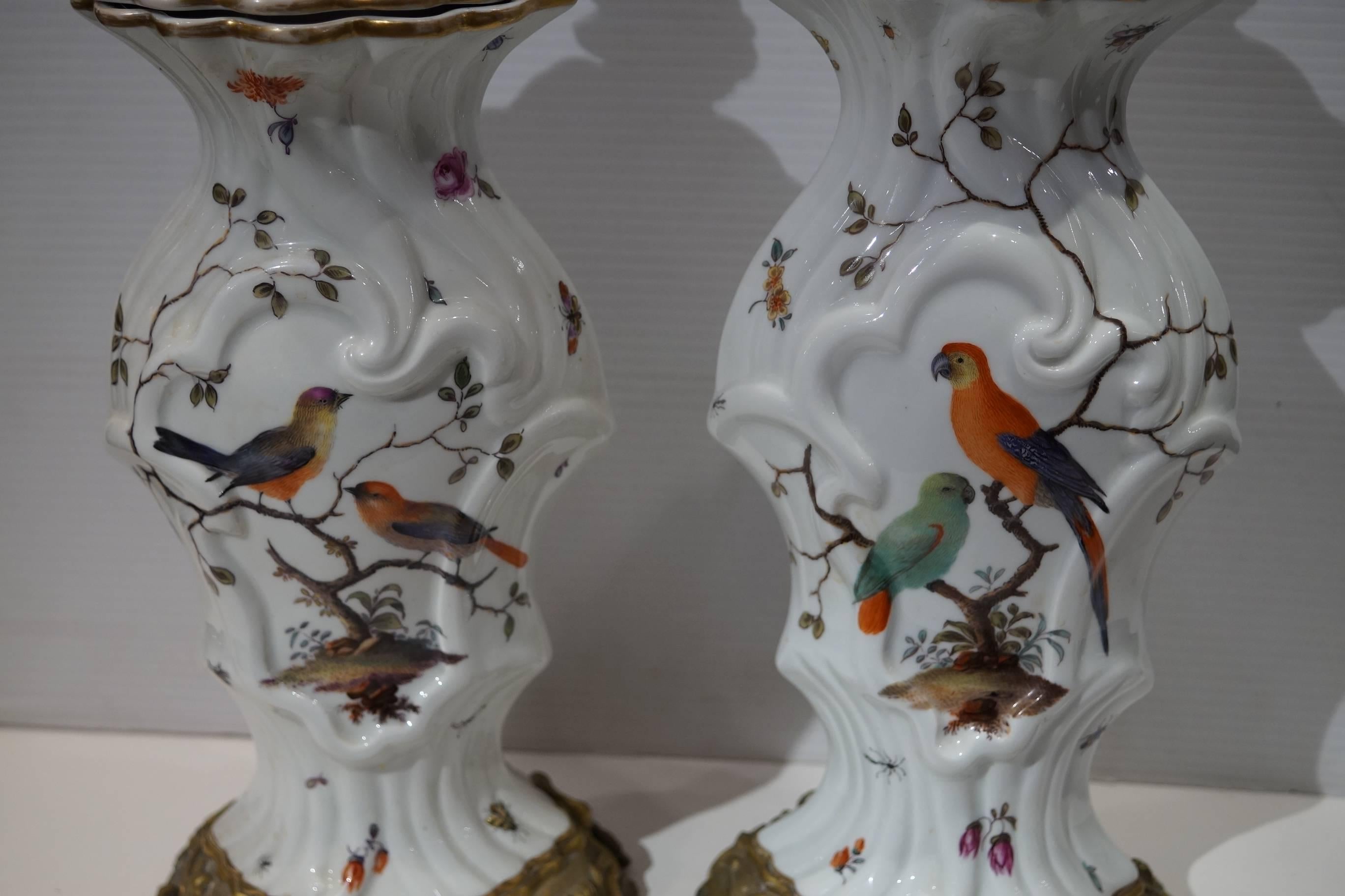 Pair of Aesthetic Painted Porcelain and Bronze Covered Urns with Bird and Flower 4