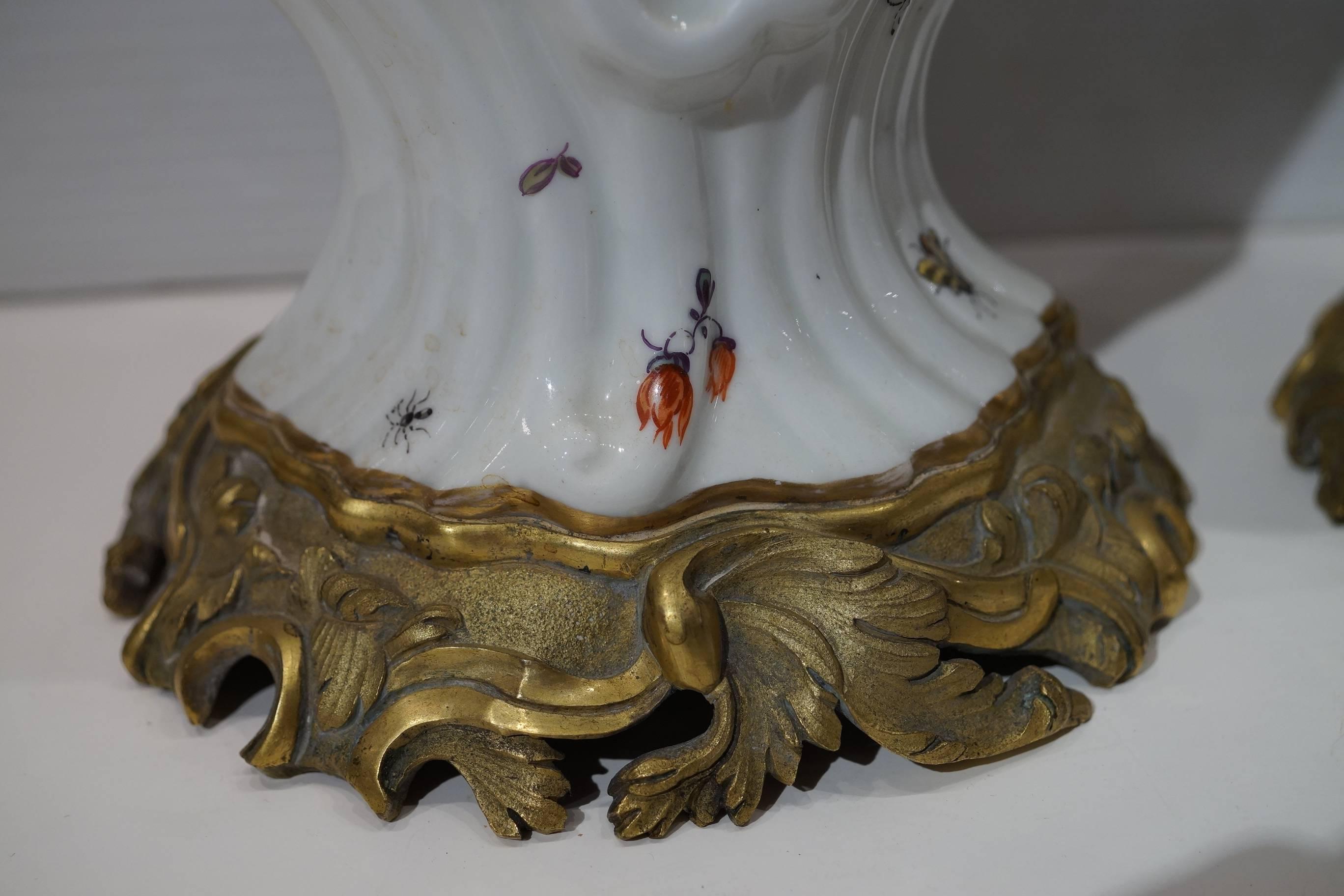 Pair of Aesthetic Painted Porcelain and Bronze Covered Urns with Bird and Flower 5