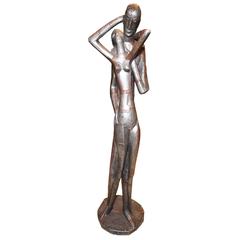 Large Metal Group of Two Standing Maidens Signed