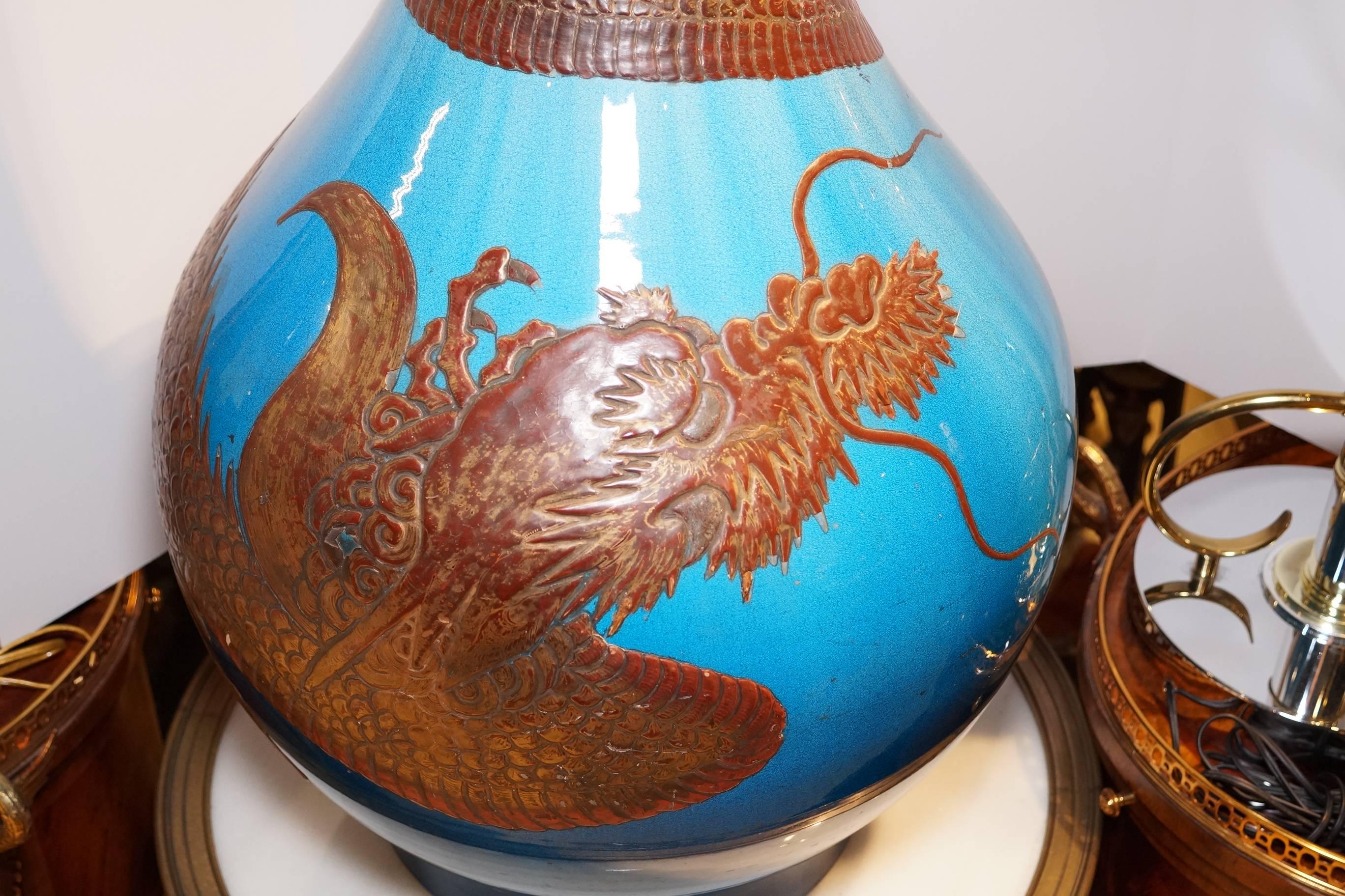 Ceramic Large Japanese Satsuma Vase with Lacquered Dragon Decoration