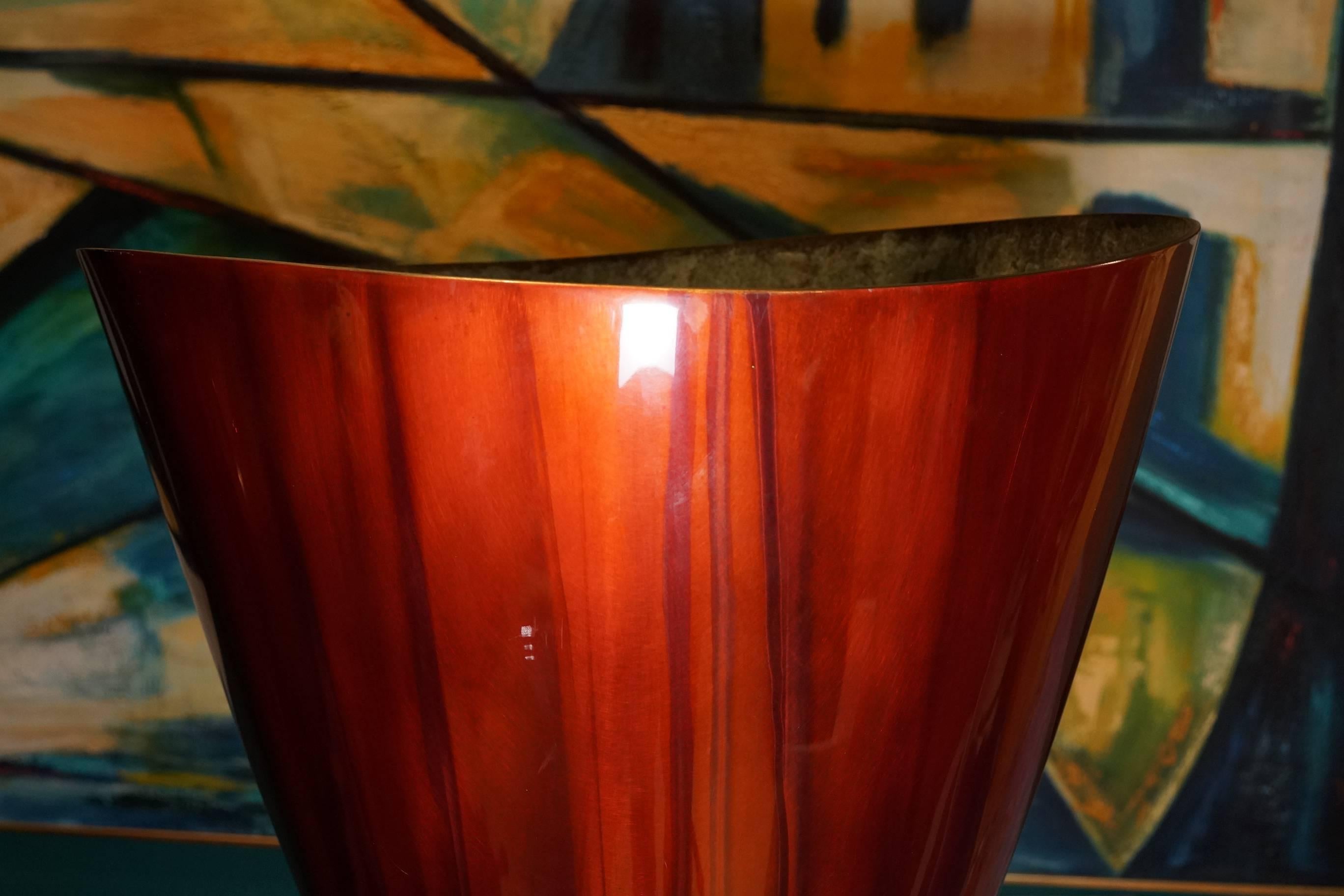 American Unusual Contemporary Red Enameled Bronze Vase For Sale