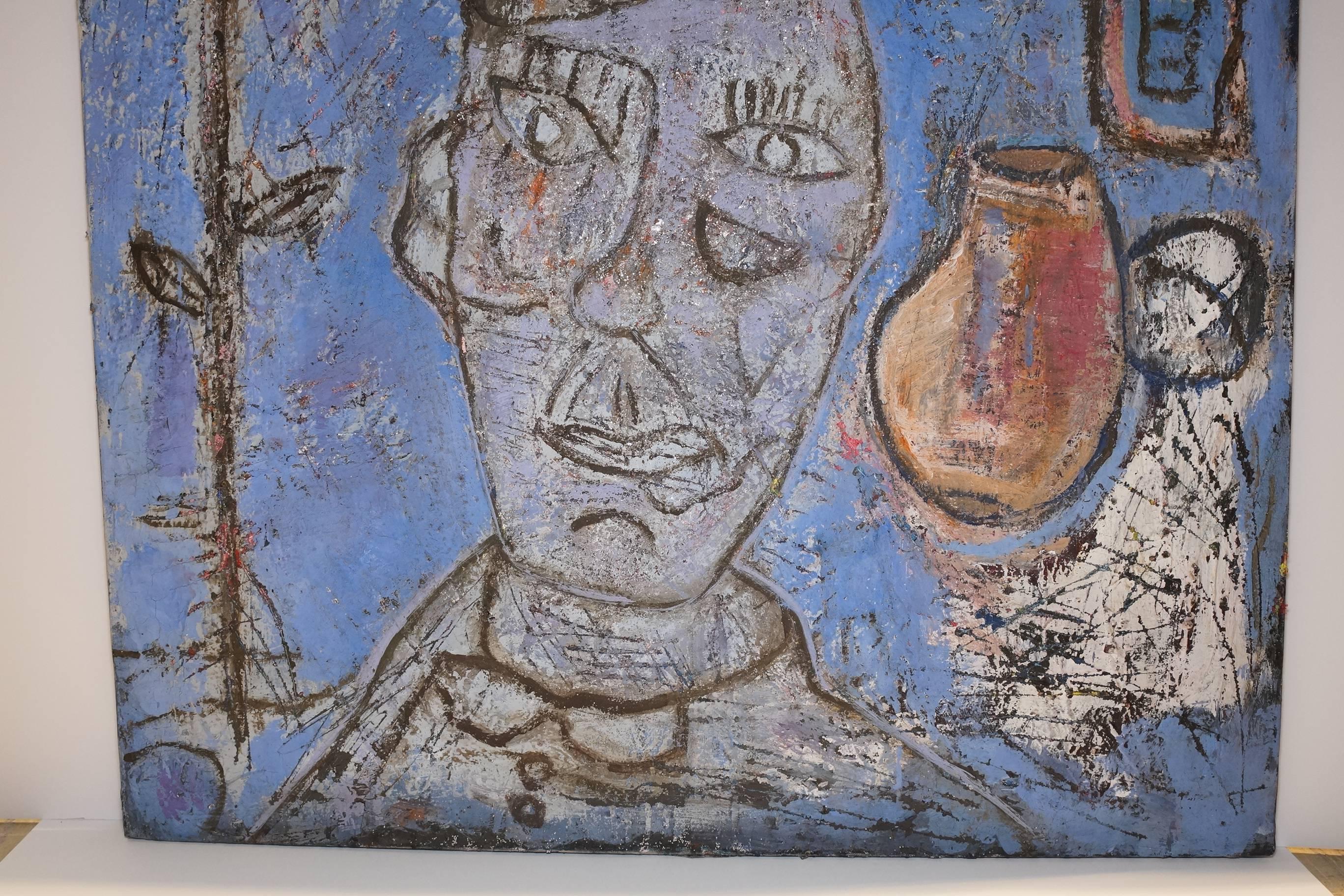 Peint à la main Peinture de portrait abstrait de style Picasso avec une fille assise sur le côté en vente