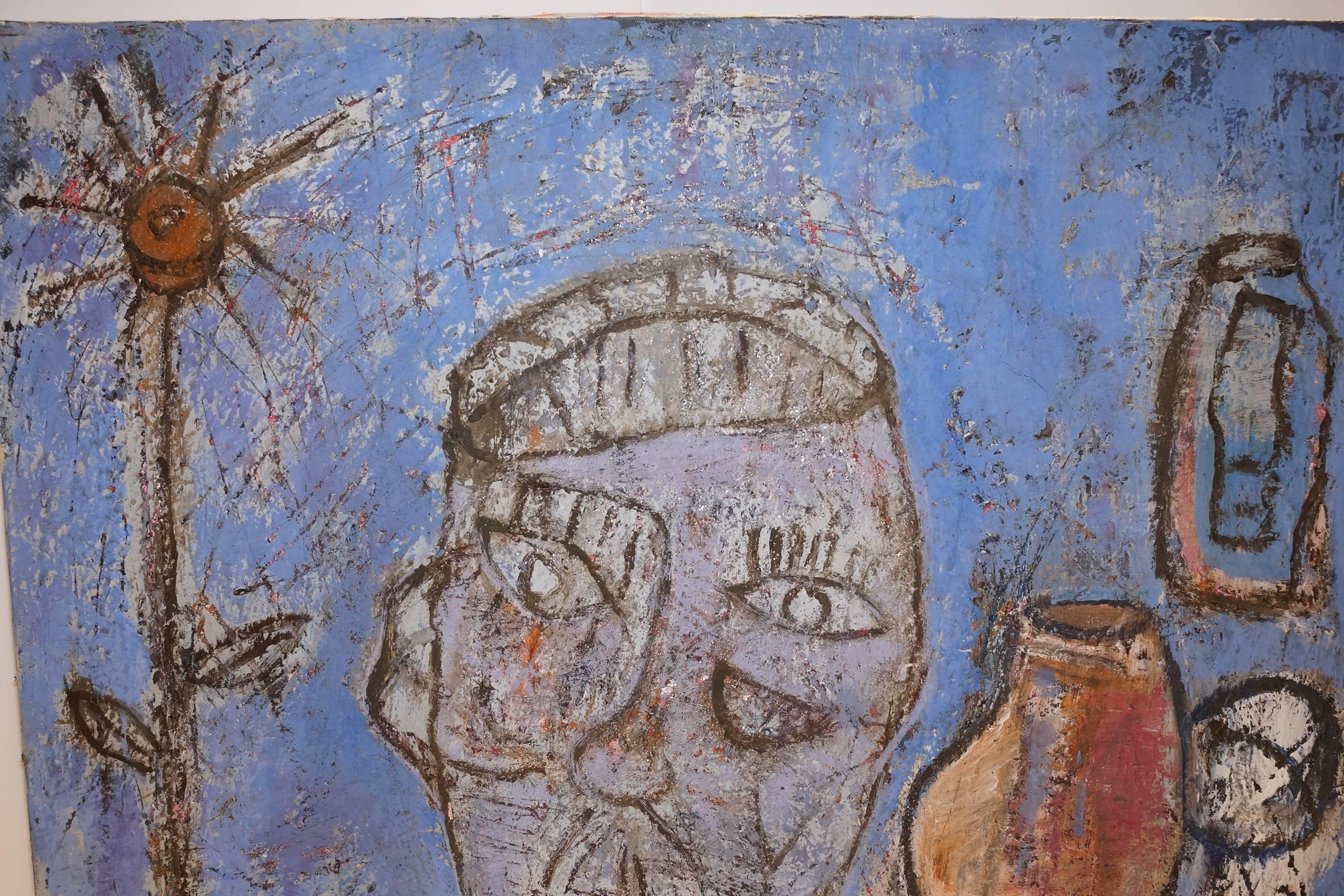 Peinture de portrait abstrait de style Picasso avec une fille assise sur le côté Bon état - En vente à New York, NY