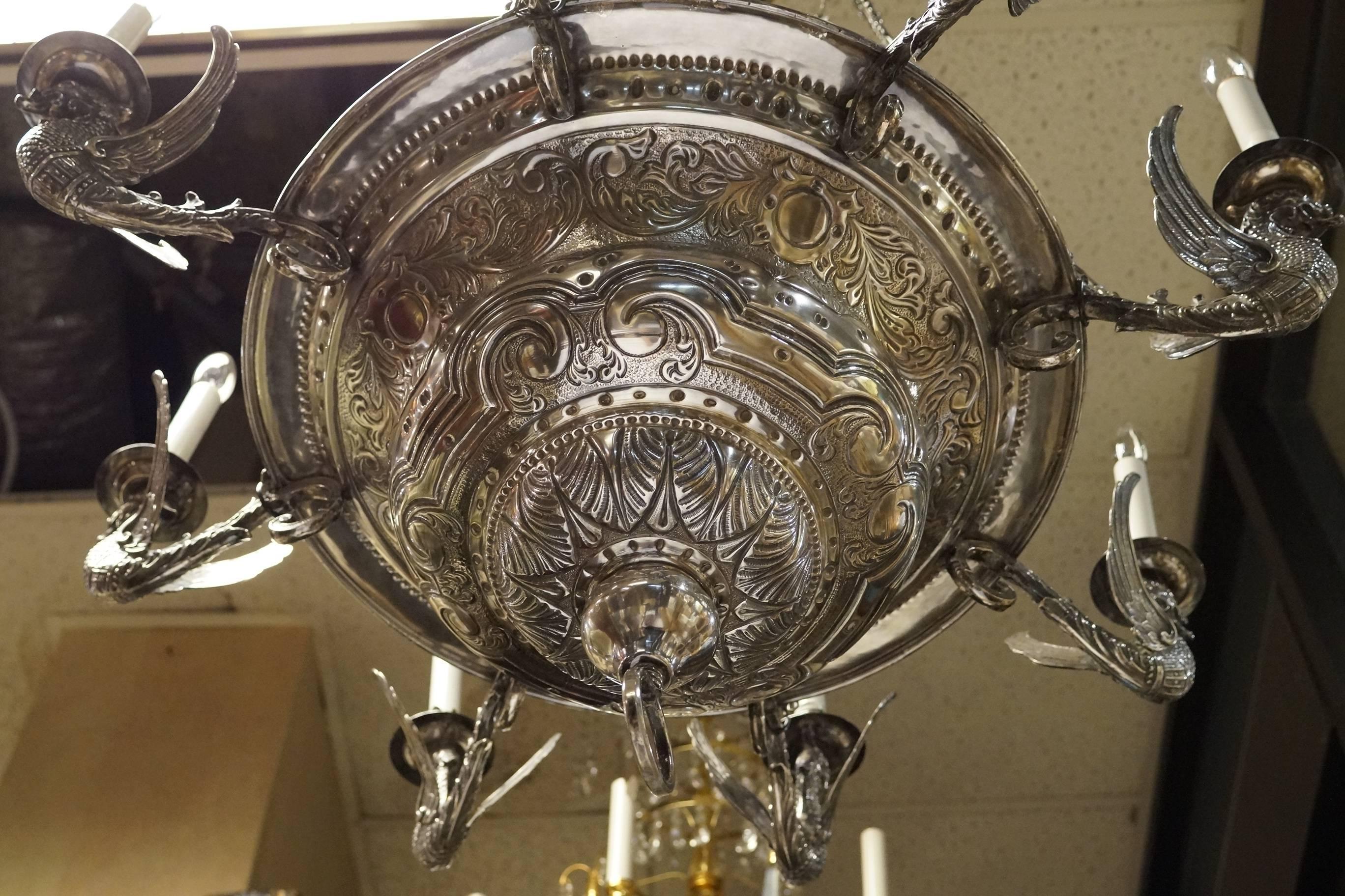 Late 19th Century Large Silver Eight-Light Chandelier in Baroque Style