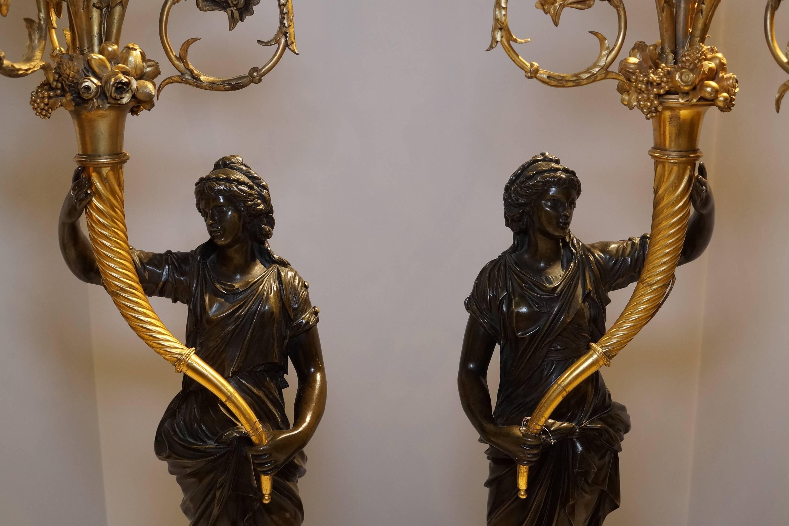 Pair of French Louis XVI Style Ormolu and Patinated Marble and Bronze Candelabra For Sale 3