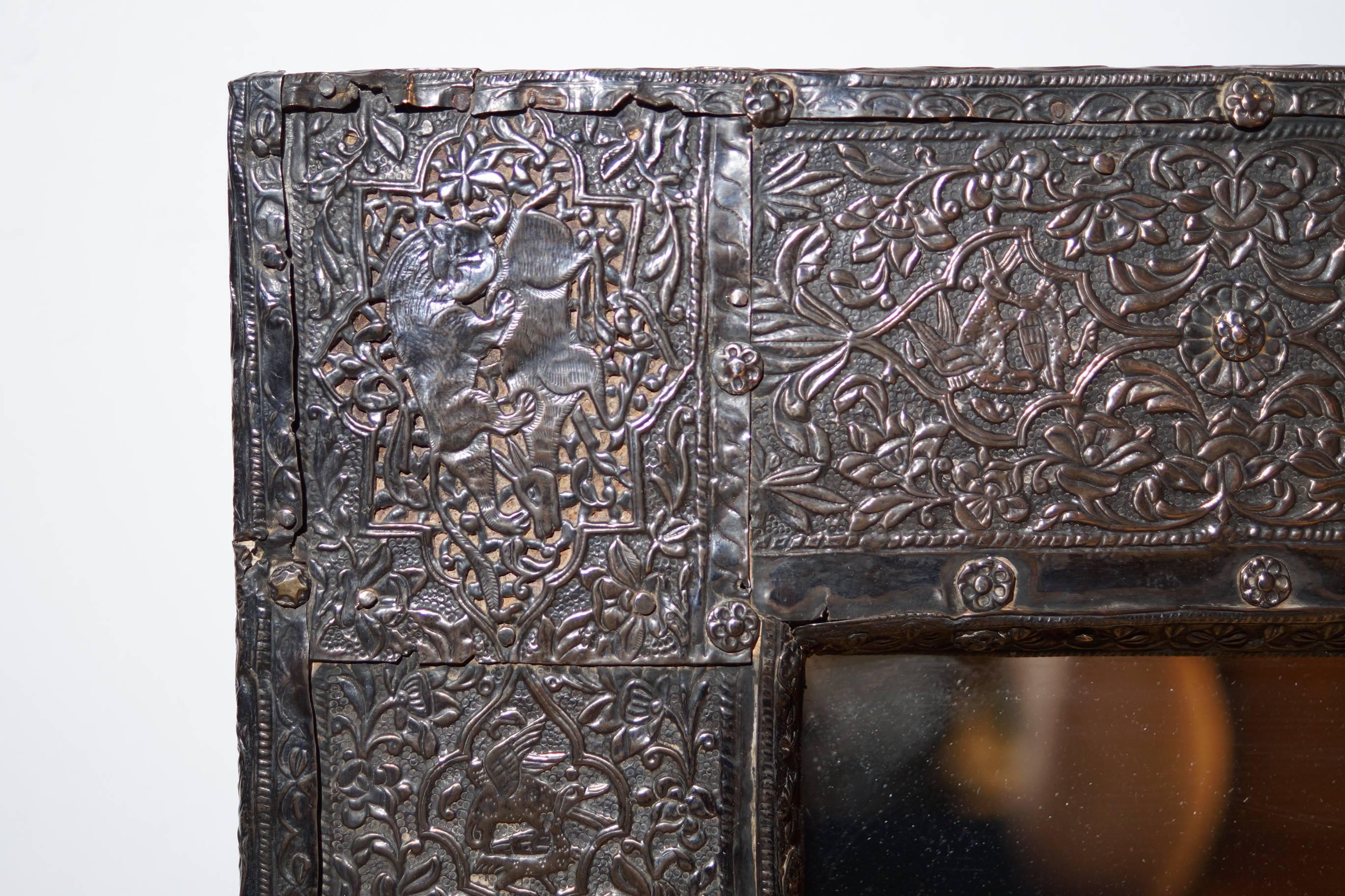 20th Century Silver Rectangular or Vertical Wall Mirror with Raised Floral Decoration