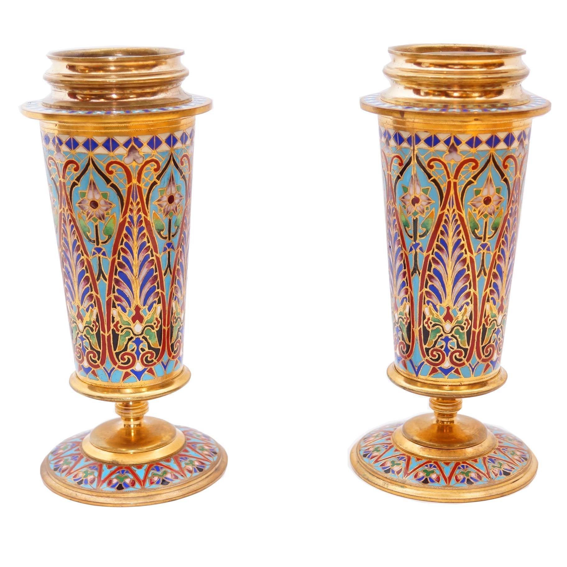 Pair of French Champlevé enamel vases