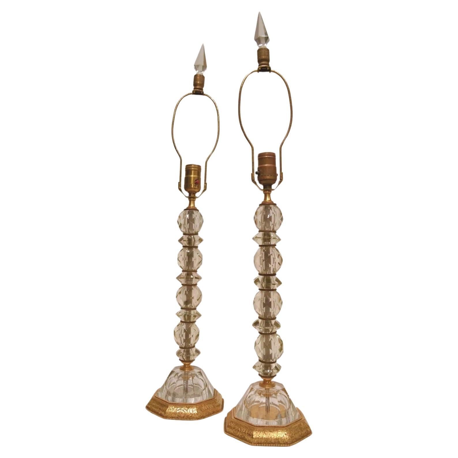Pair of Crystal and Bronze Lamps in Manner of Edward Caldwell