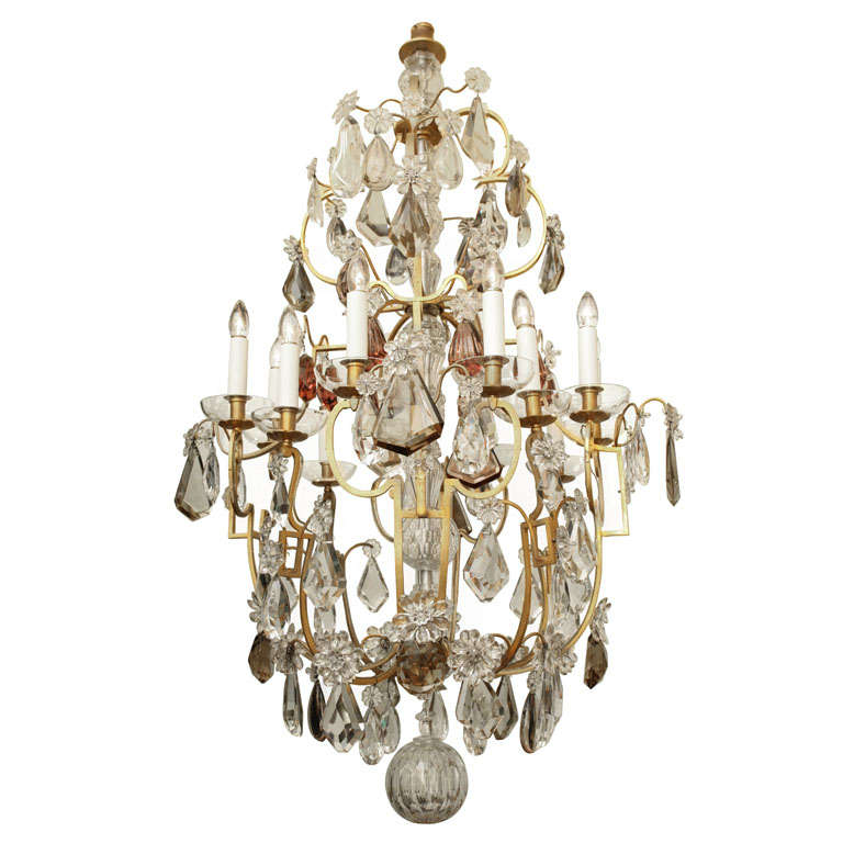 Large Twelve Light Crystal and Bronze Chandelier Attributed to Bagues