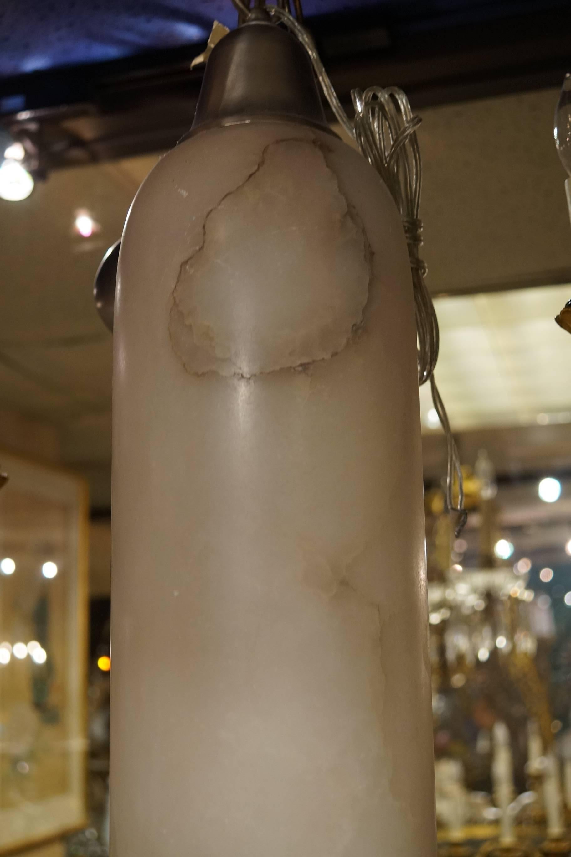 French Mid Century Tall Cylinder Form Alabaster Pendant Light For Sale